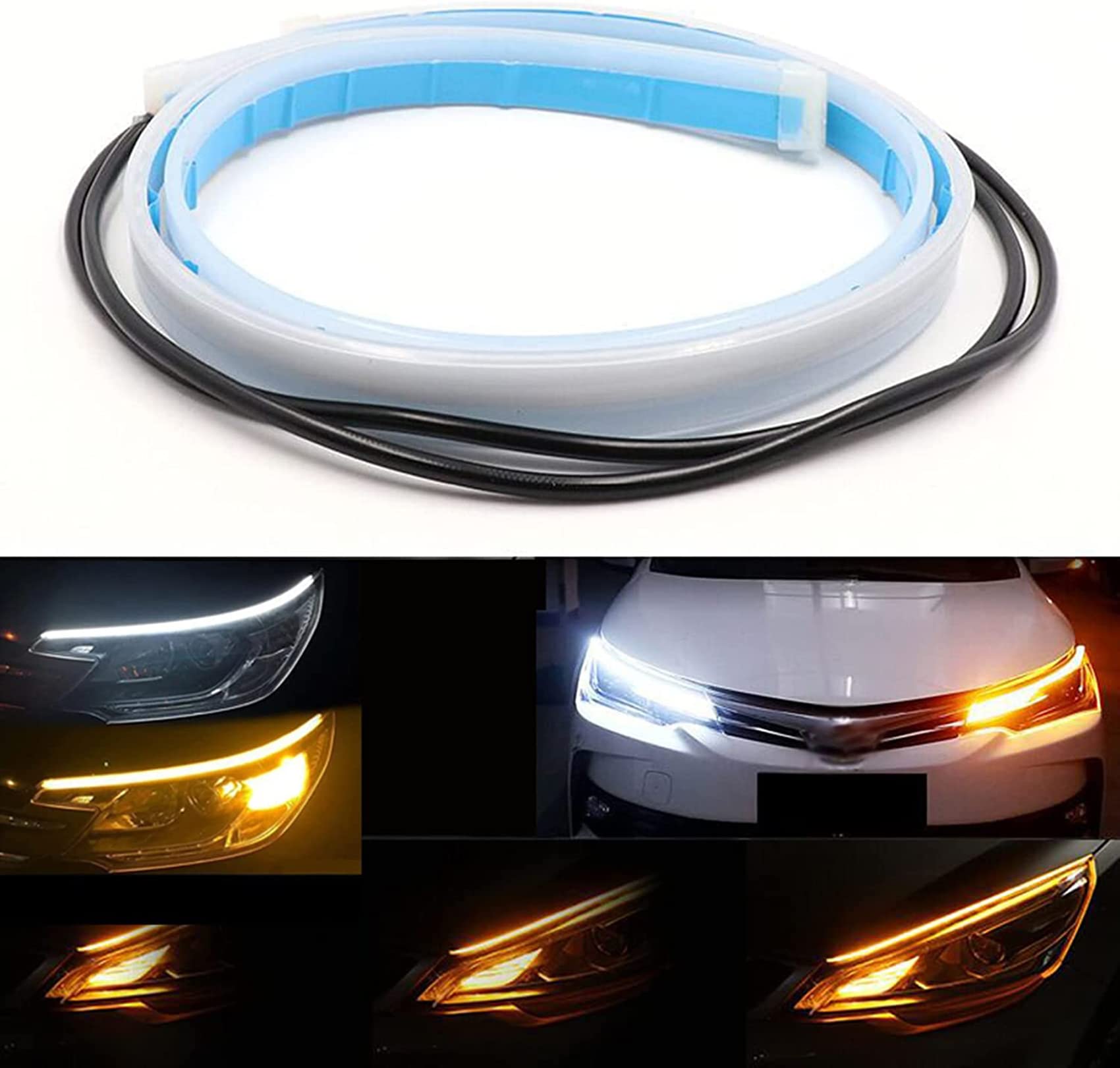 2Pcs 24 Inch LED Strip Lights for Cars - Switchback Sequential LED Headlight Strips with DRL, Amber/Yellow & White Daytime Running Lights & Turn Signal Bulbs - Perfect for Car Customization & Night Driving Safety