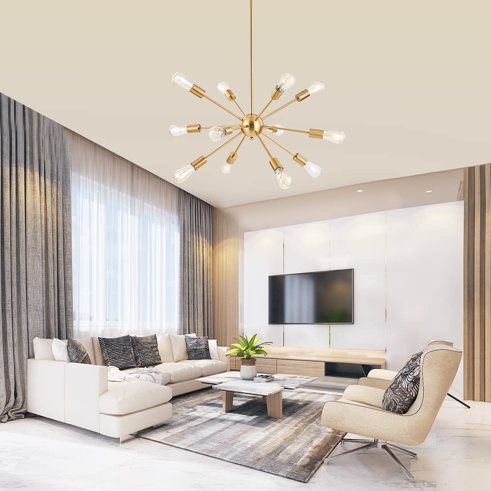 BONLICHT 12-Light Brushed Brass Sputnik Chandelier - Mid Century Modern Gold Pendant Light for Kitchen Island, Dining Room, Living Room, Bedroom & Bar | Contemporary Ceiling Hanging Fixture for Home Decor