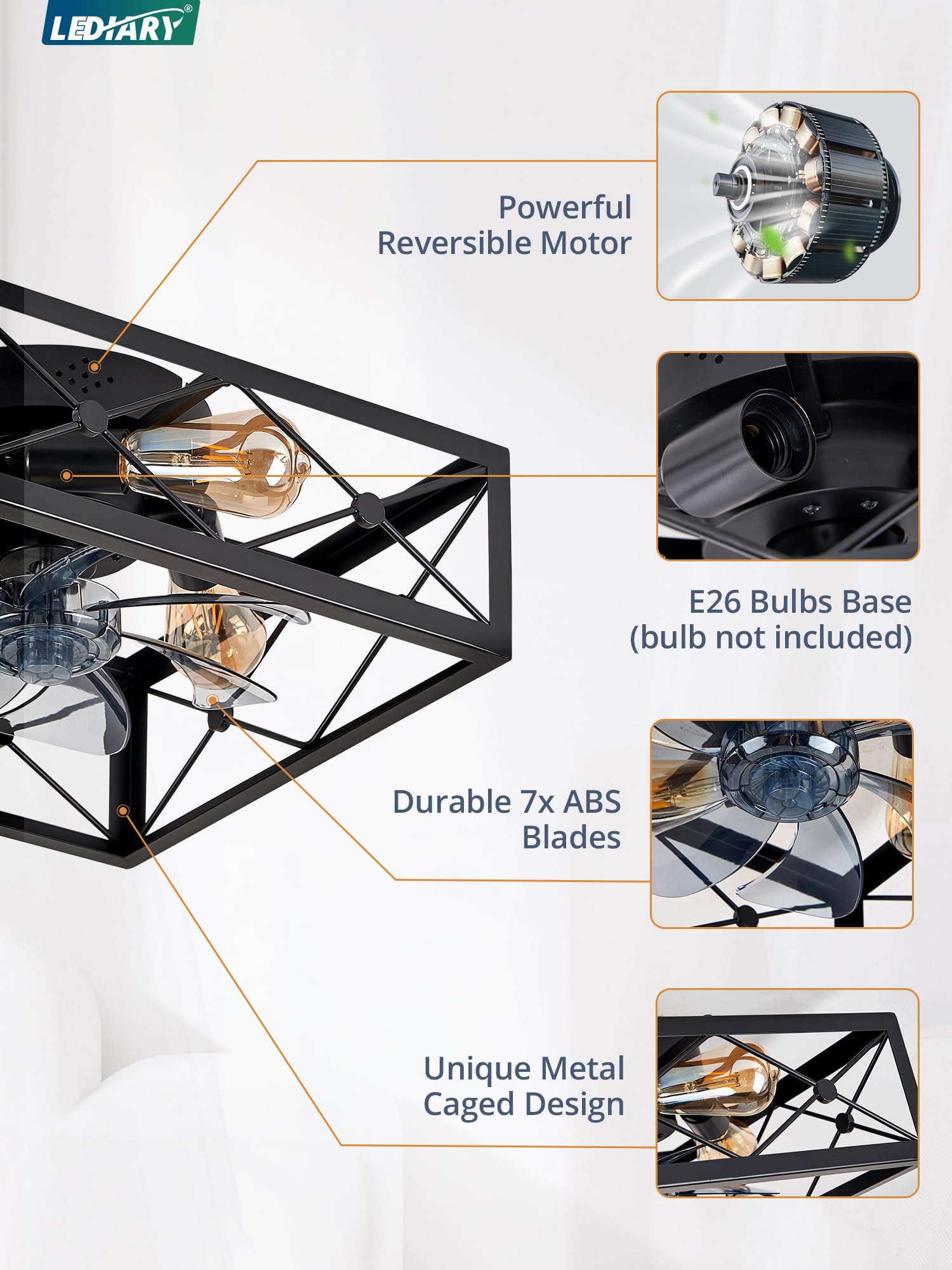 LEDIARY Black Square Caged Flush Mount Ceiling Fan with Lights and Remote - Low Profile Bladeless Design for Bedroom, Kitchen, Indoor Use - Perfect for Farmhouse, Modern and Small Spaces