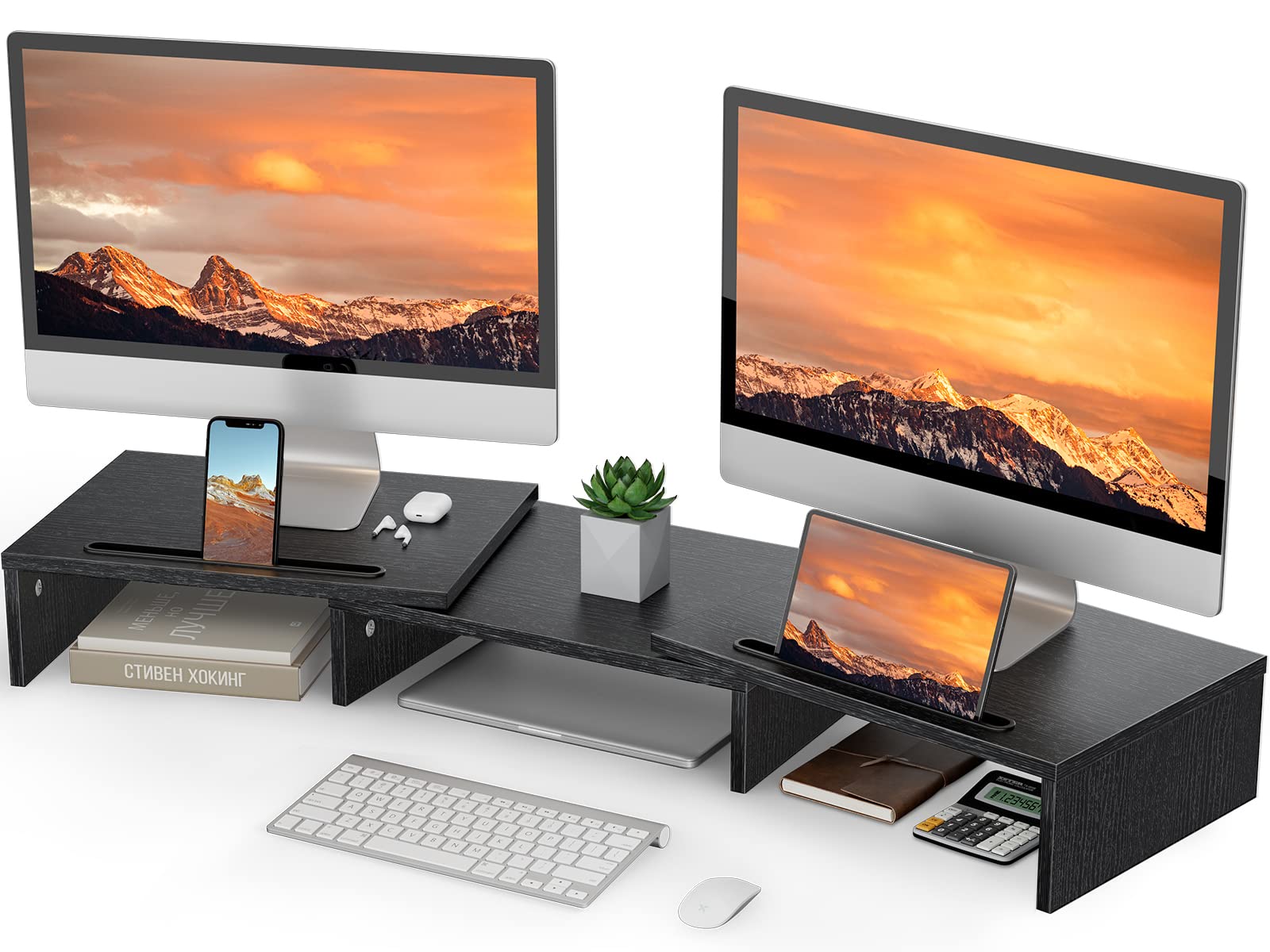 LORYERGO Adjustable Dual Monitor Stand for 2 Monitors, Desk Mount with Tablet & Phone Slot, Spacious Storage Riser for PC, Laptop, Printer - Perfect for Home Office and Gaming Setup