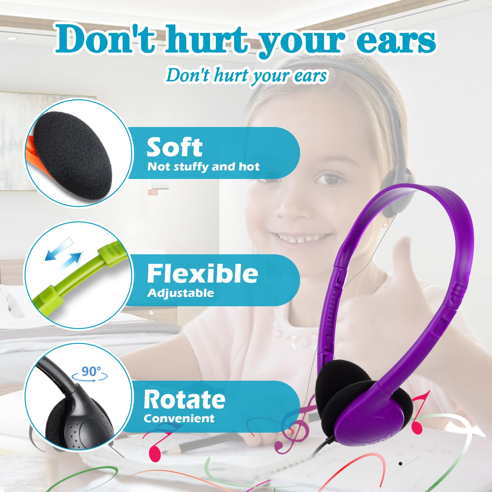 20 Pack Bulk Classroom Headphones for Students - Durable Kids School Headphones with 3.5mm Jack for Chromebook, Laptop, PC - Mixed Colors - Perfect for Online Learning, Computer Labs & Distance Education