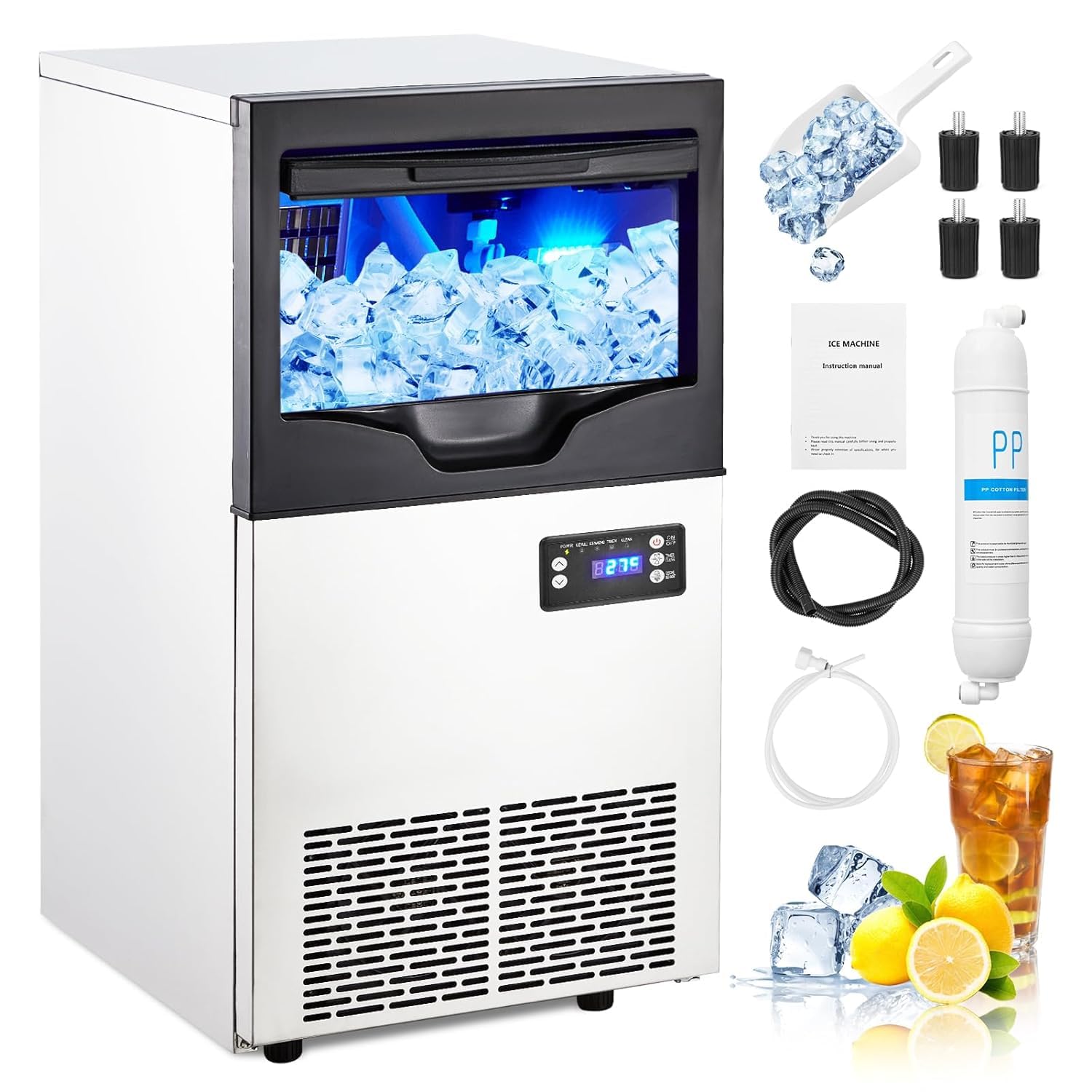 Commercial Ice Maker Machine 100 Lbs/24H, Stainless Steel Freestanding Ice Machine with 33LBS Storage Bin - Fast Ice Production in 5-15 Minutes - Under Counter Ice Maker for Restaurants, Bars, Coffee Shops & Home Use - Perfect for Beverage Service, Parties & Commercial Kitchens - Ideal for Cocktail Bars, Outdoor Events, and Catering Services