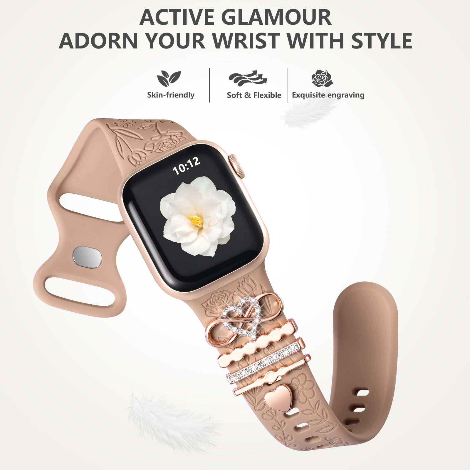 DaQin Floral Engraved Silicone Band Compatible with Apple Watch 38mm 40mm 41mm 42mm 44mm 45mm - Women's Decorative Strap for Series SE/1/2/3/4/5/6/7/8/9 - Perfect for Workouts, Office Wear & Everyday Fashion Accessory