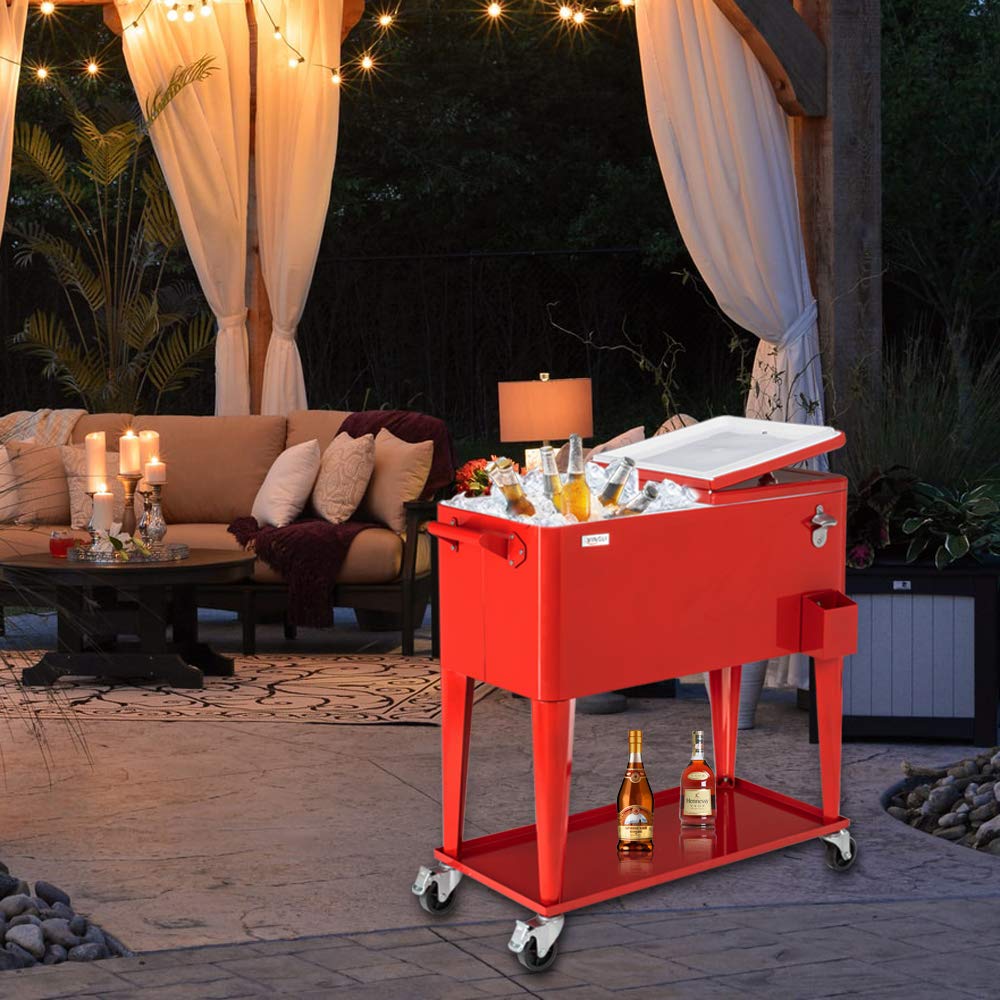 VINGLI 80 Quart Rolling Cooler with Wheels - Portable Outdoor Party Drink Cooler Cart with Shelf, Bottle Opener & Water Pipe - Perfect for Beach, Camping, Tailgating and Backyard BBQs