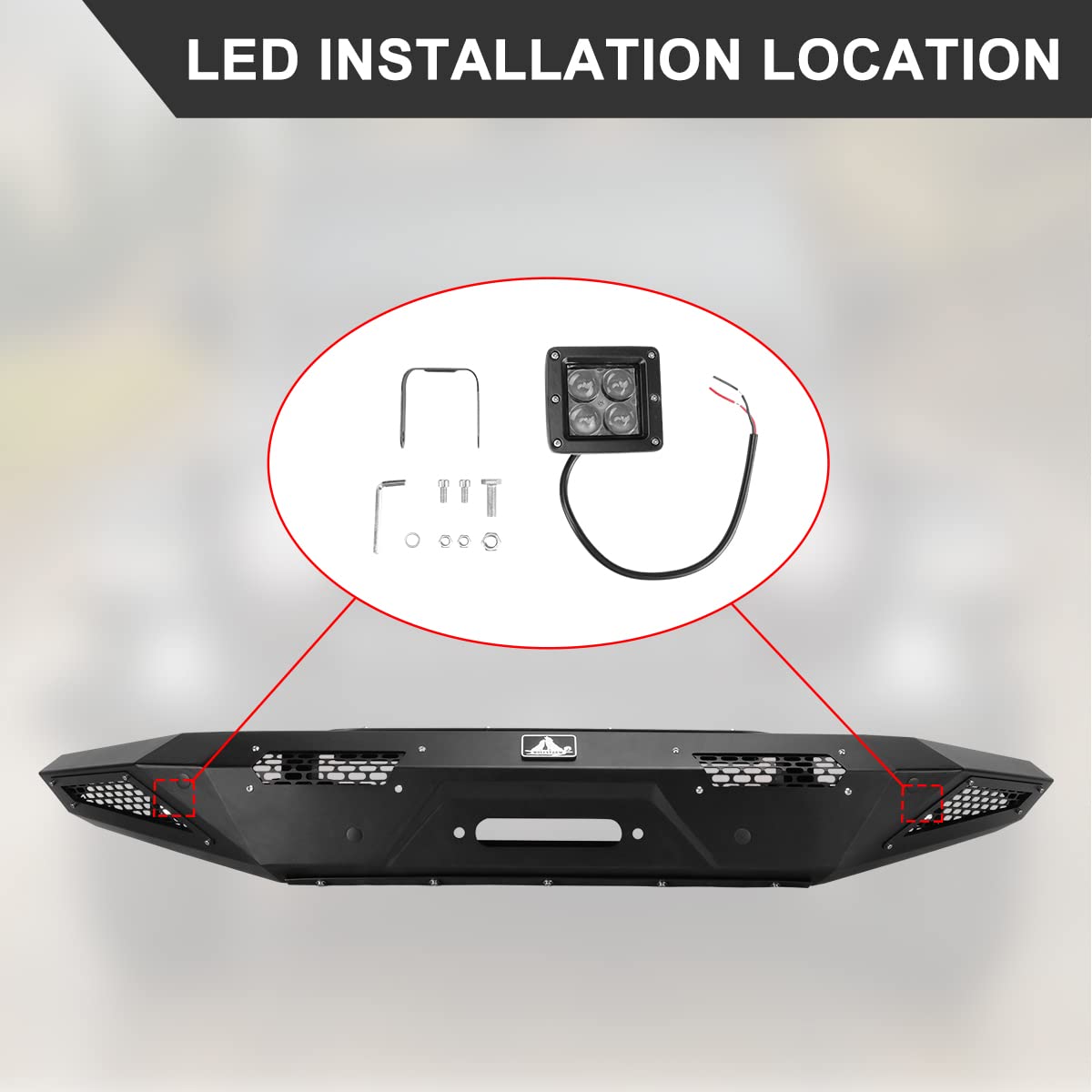 Heavy Duty Front Bumper for 2021-2025 Ford Bronco | Off-Road Bumper with 2 LED Lights, Winch Ready & Sensor Holes | Perfect for Rock Crawling, Overlanding & Off-Road Adventures