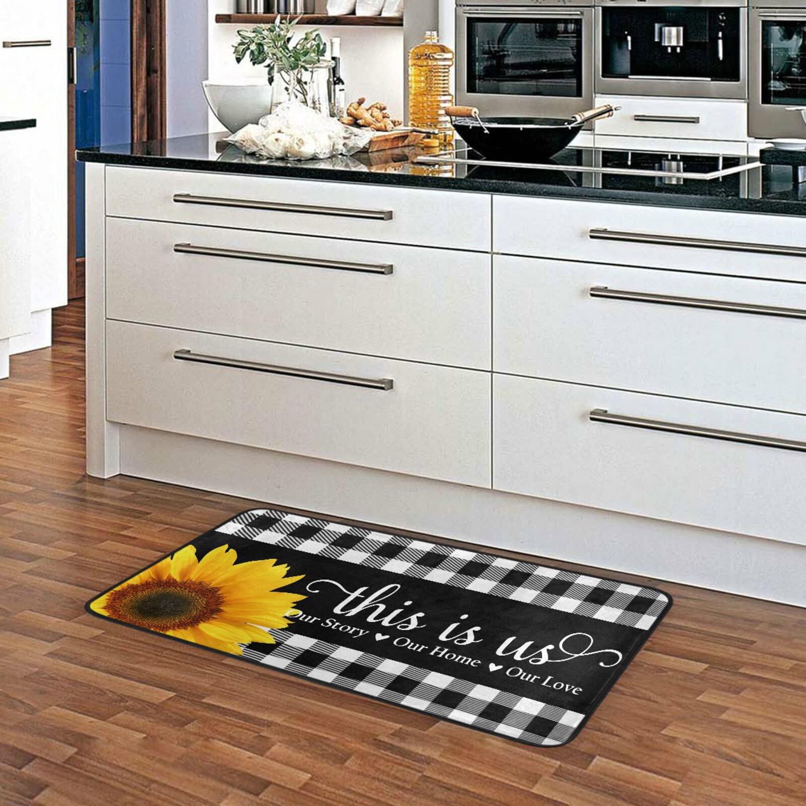 Non-Slip White Buffalo Plaid Kitchen Rugs with Sunflower Pattern - Cushioned Anti-Fatigue Floor Mats for Sink, Standing & Laundry Room - Washable Home Decor (39x20 Inches) - Perfect for Farmhouse Kitchens, Cozy Breakfast Nooks & Rustic Home Decor