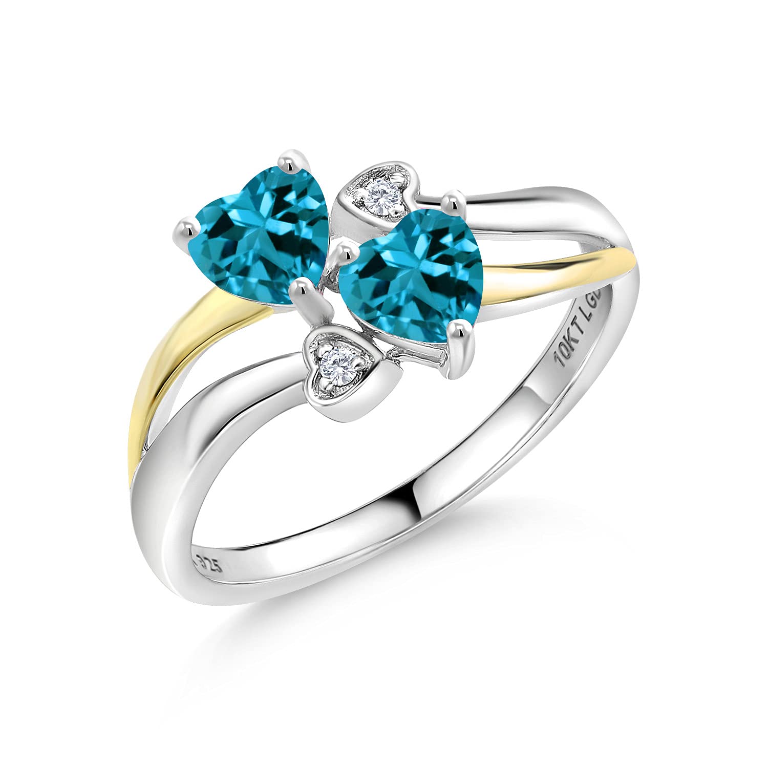 1.12 Ct London Blue Topaz & 10K Yellow Gold Lab Grown Diamond Ring - 925 Sterling Silver, 4 Hearts Design | Elegant Engagement, Anniversary Gift for Her