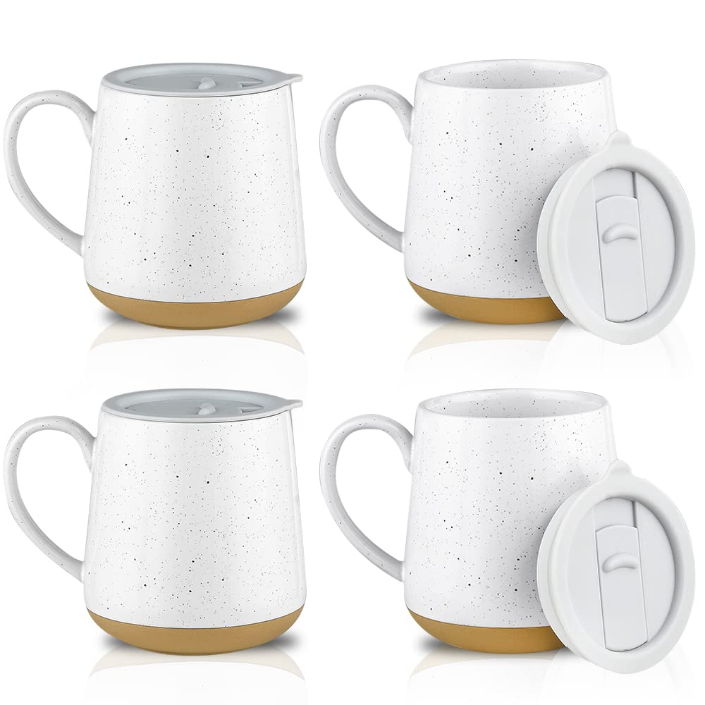 Premium 17oz Ceramic Coffee Mug with Lid - Set of 4 Farmhouse Style Mugs with Large Handle for Coffee, Tea & Hot Drinks - Perfect for Home, Office, Kitchen & Gifts (White)