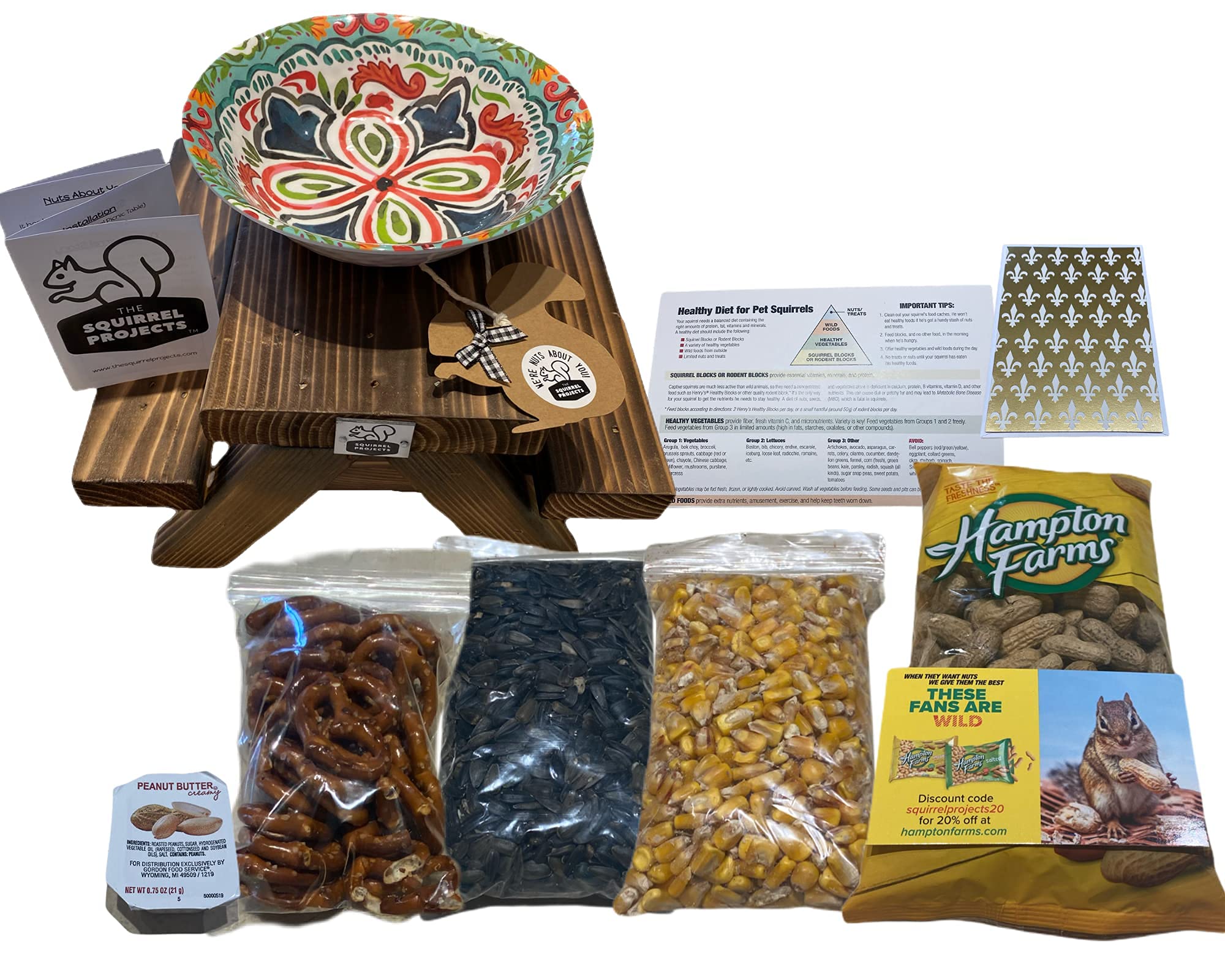 Handmade Cedar Squirrel Picnic Table Feeder with Melamine Bowl - Wildlife Garden Decor for Backyard, Patio - Includes Squirrel Food Guide - Perfect Gift for Nature Lovers & Squirrel Enthusiasts (Outdoor Decor, Bird Watching, Garden Accent)