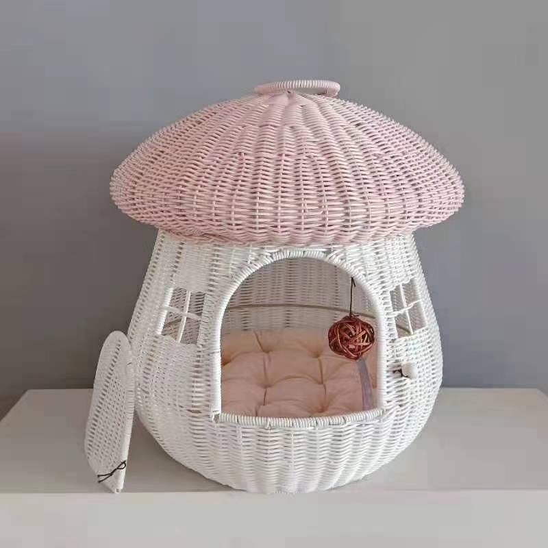 Stylish Rattan Pet Bed - Dual-Use Cat Nest & Dog Kennel - Anti-Chew Mushroom House - Raised Cat Bed & Dog Basket - Perfect for Indoor/Outdoor Use - Cozy Pink Pet House for Cats & Dogs