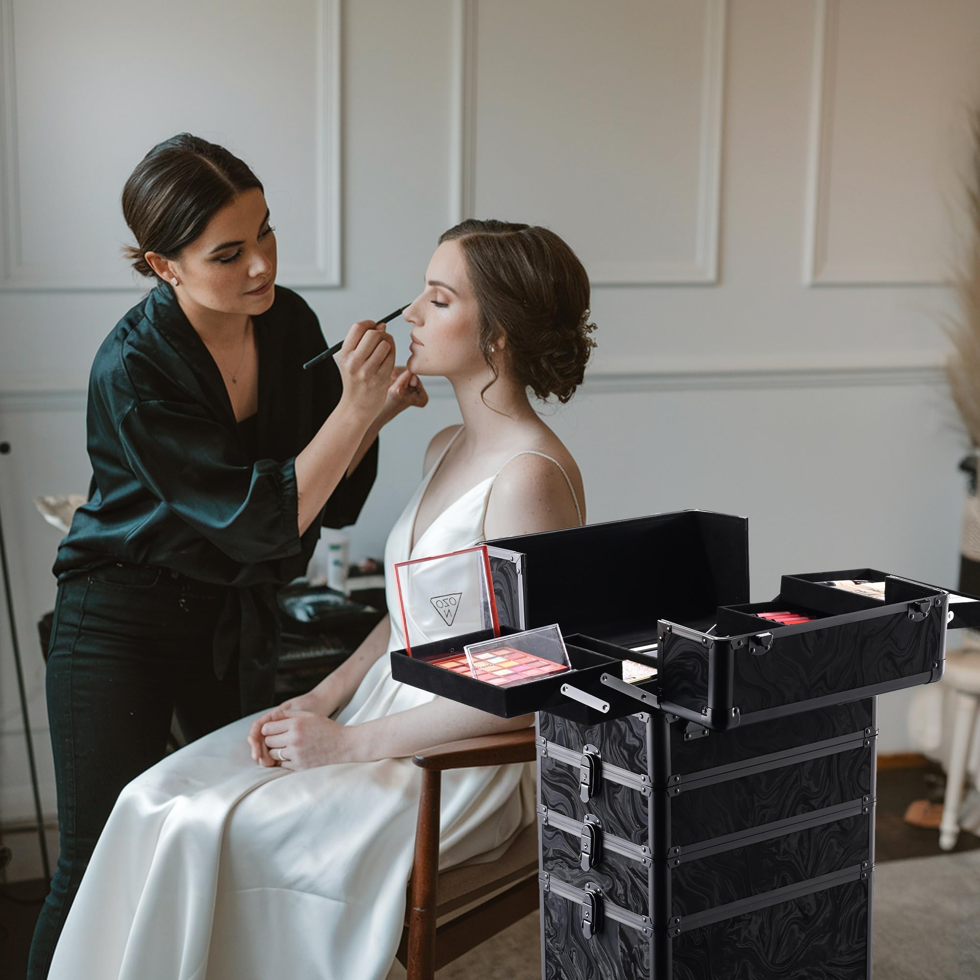 BYOOTIQUE 4-in-1 Rolling Makeup Train Case - Lockable Cosmetic Trolley Organizer with Wheels for Salon, Barber & Travel | Professional Makeup Artist Case, Nail Tech Cart & Beauty Storage Trunk | Perfect for Mobile Stylists, Wedding Makeup Artists & Salon Professionals