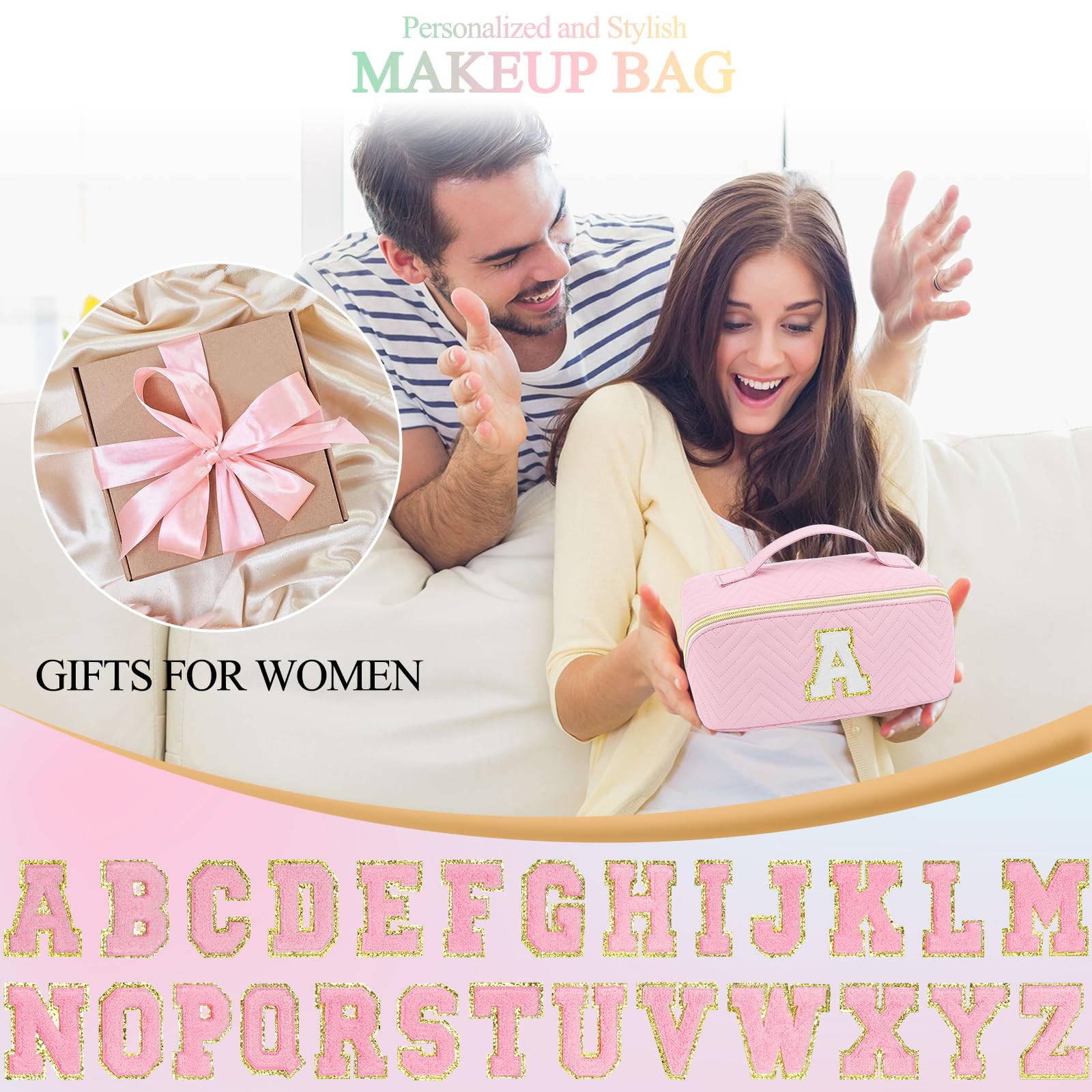Personalized Initial Pink Makeup Bag - Large Capacity Waterproof Leather Cosmetic Organizer for Women & Teens | Perfect Travel Toiletry Bag, Birthday Gift for Girlfriend, Teacher | Great for Daily Use, Vacation Trips & Makeup Storage