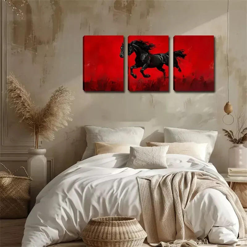 3-Piece Red Background Black Horse Wall Art Set - Framed Canvas 40x60cm - High Quality Print - 100% Australian Made - Ready to Hang - Perfect for Living Room, Bedroom & Office Decor