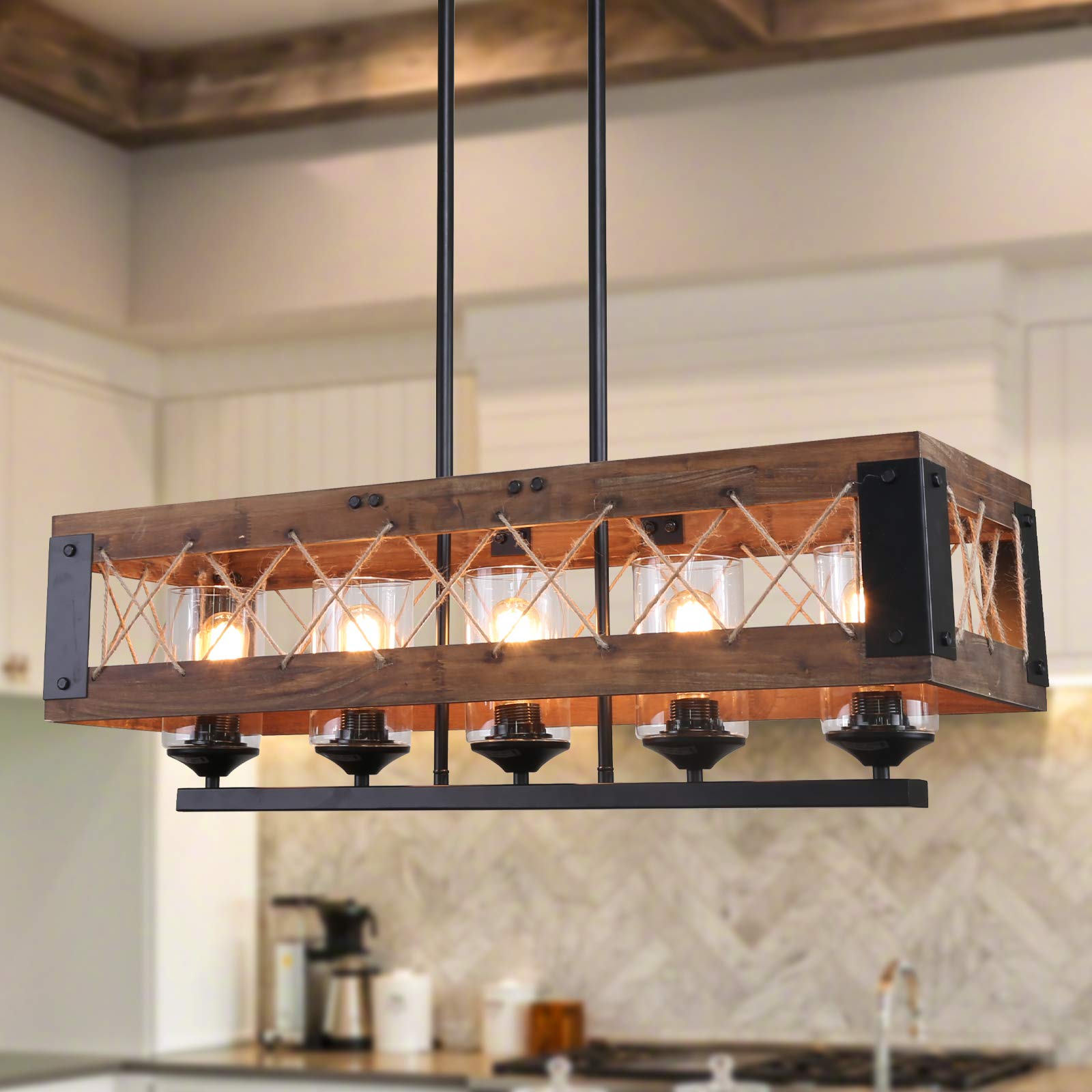 Farmhouse Chandelier 5-Light Kitchen Island Pendant Lighting - 32 Inch Rustic Wood & Black Finish with Clear Glass Shades - Perfect for Dining Room, Kitchen Island, and Farmhouse Decor