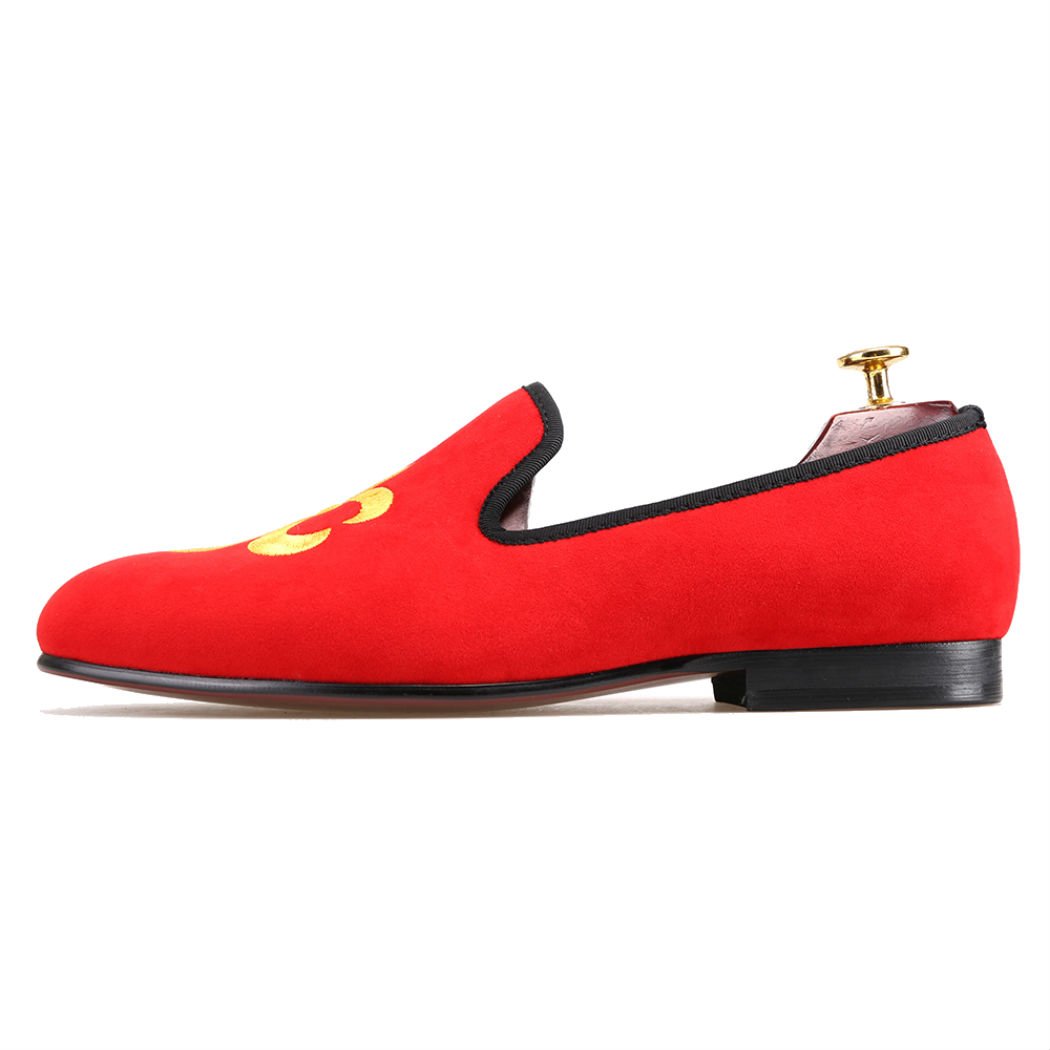 FERUCCI Handmade Men's Red Velvet Loafers with Gold Fleur de Lis - Luxurious Comfort for Home & Gifting | Perfect House Slippers for Christmas & Special Occasions