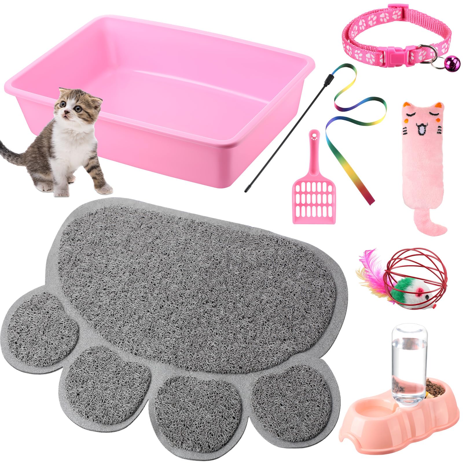 7-Piece Small Cat Kitten Starter Kit - Litter Box with Scoop, Paw Mat, Automatic Bowls, Toy Teaser Stick & Collar - Essential Supplies for 1-3 Lbs Kittens (Pink) - Perfect for New Cat Owners & Small Breed Kittens