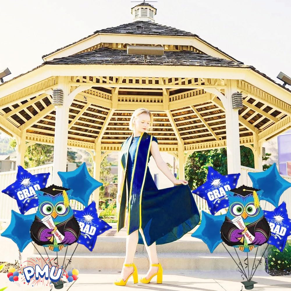 PMU Congrats Grad Balloon Bouquet - Graduation Decoration Mylar Balloons Set of 5 | Celebrate Success with Vibrant Blue 'Wise Owl Grad' Balloons | Perfect for Graduation Parties, School Events & Photo Backdrops