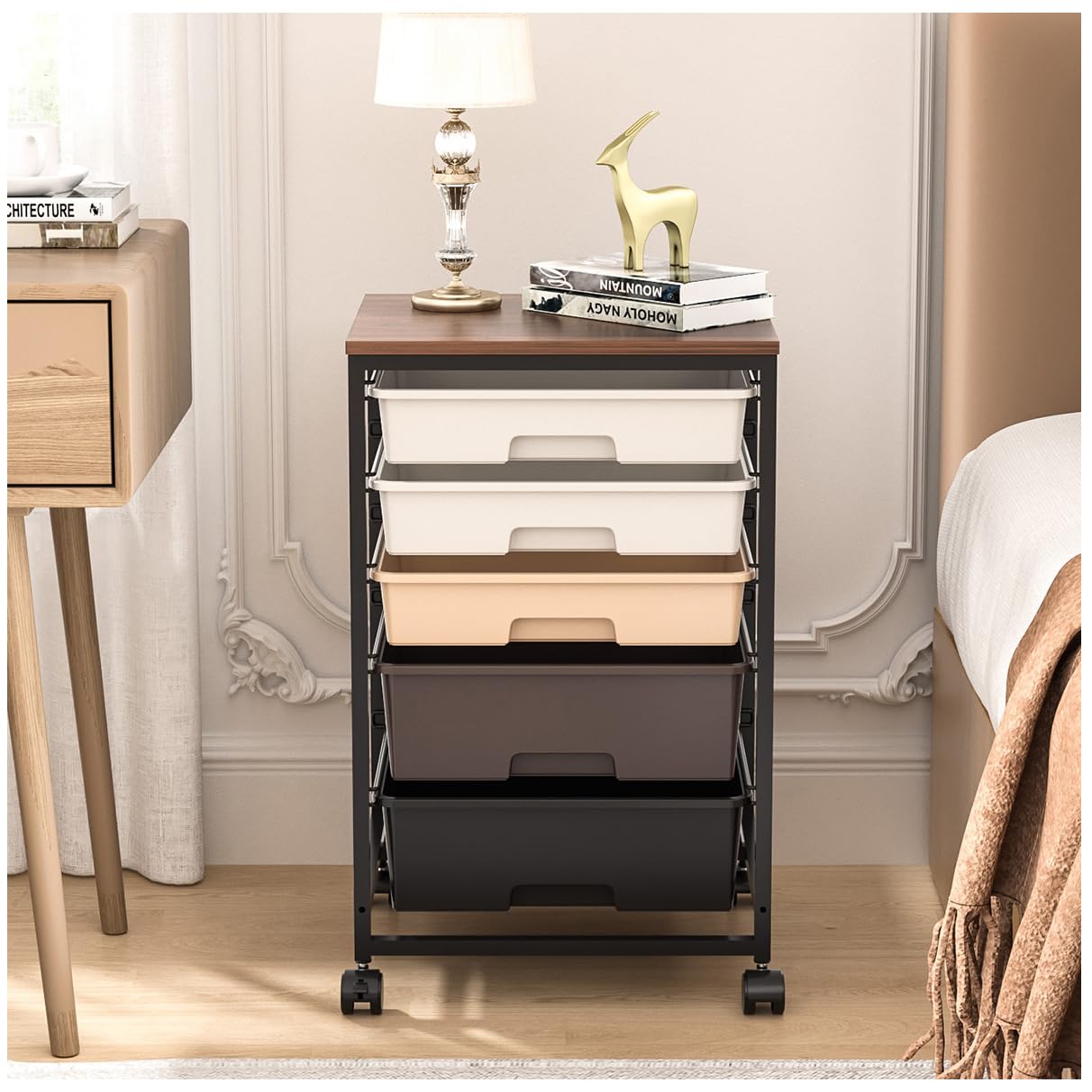 5-Drawer Utility Cart with Wooden Tabletop & Lockable Wheels - Large Capacity Rolling Storage Cart for Office, Kitchen, or Workshop Organization (Brown)