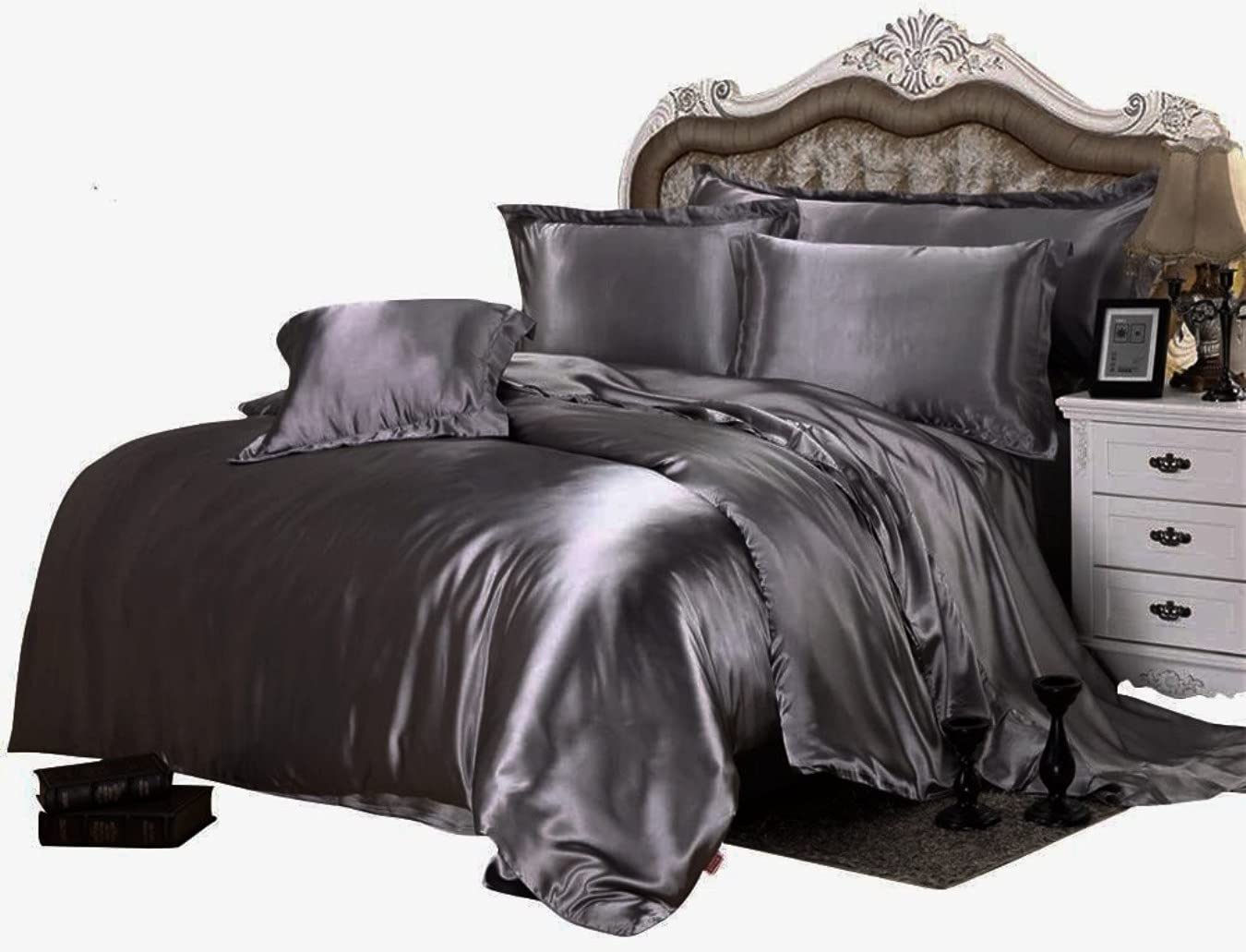 Premium 7-Piece Satin King Size Comforter Set - 600 GSM Dark Gray Duvet Insert with Sheets (Comforter + Flat Sheet + Fitted Sheet + 4 Pillowcases) - Luxury Bedding for Master Bedroom & Guest Room