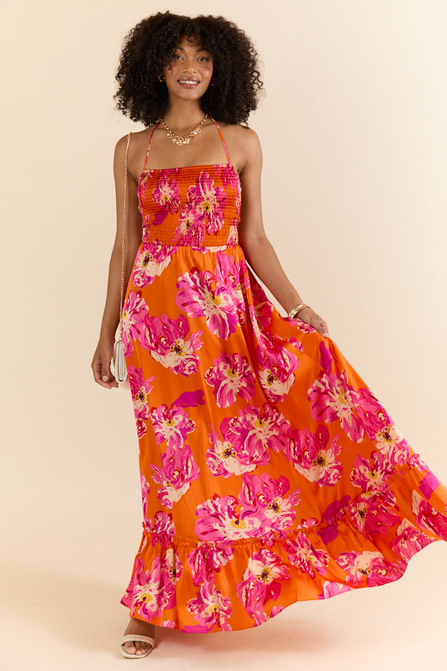 Stylish Orange Printed Smocked Halter Maxi Dress - Perfect for Summer Beach Vacations & Outdoor Parties