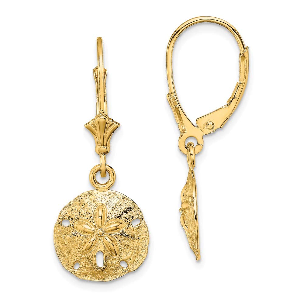 14K Yellow Gold Sand Dollar High Polish Leverback Earrings - Elegant Beach Jewelry for Women, Perfect for Vacation, Wedding & Everyday Wear
