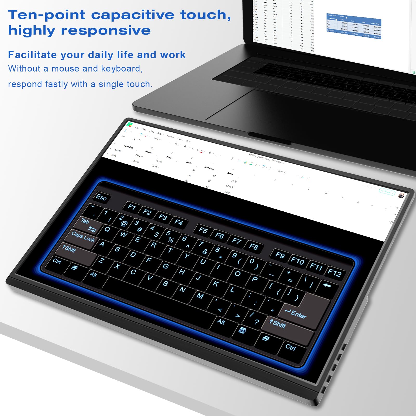 16 Inch Full HD Portable Touchscreen Monitor - 1920x1200P IPS Display with HDMI & USB-C, 300cd/m² Brightness, Built-in Speakers for Laptop, PC, Raspberry Pi - Perfect for Business Travel, Home Office & Gaming