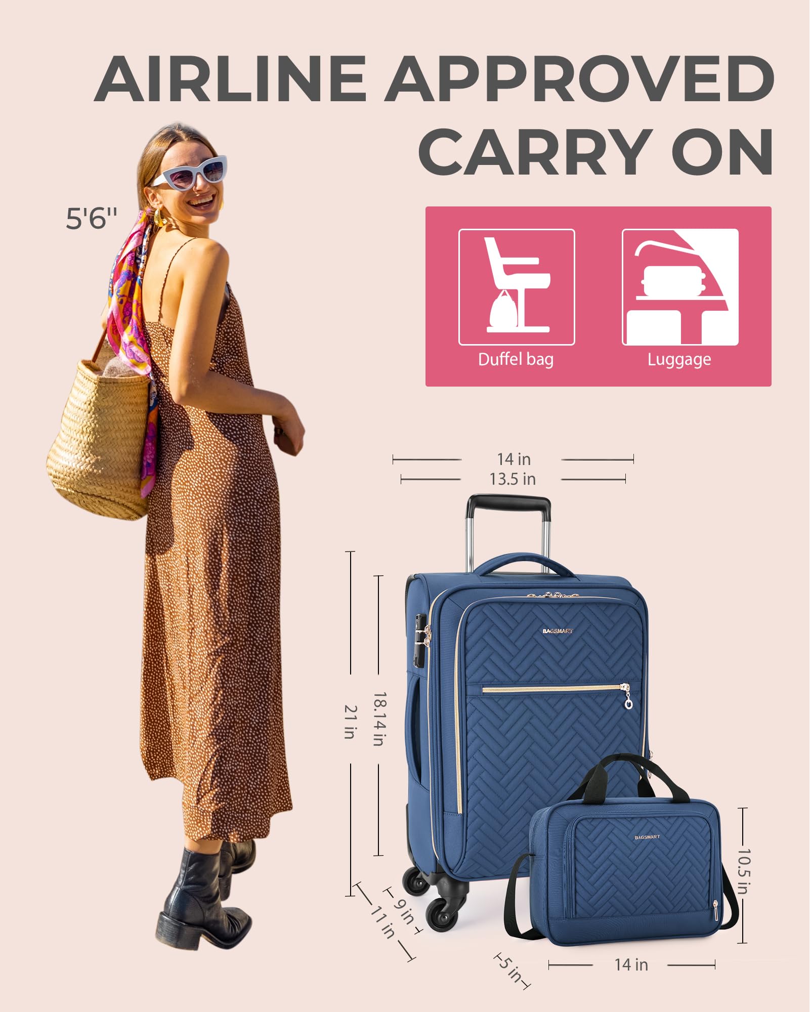 BAGSMART 20 Inch Expandable Carry On Luggage - Lightweight TSA Approved Suitcase with Spinner Wheels, Dark Blue Polyester Travel Bag for Business Trips & Weekend Getaways