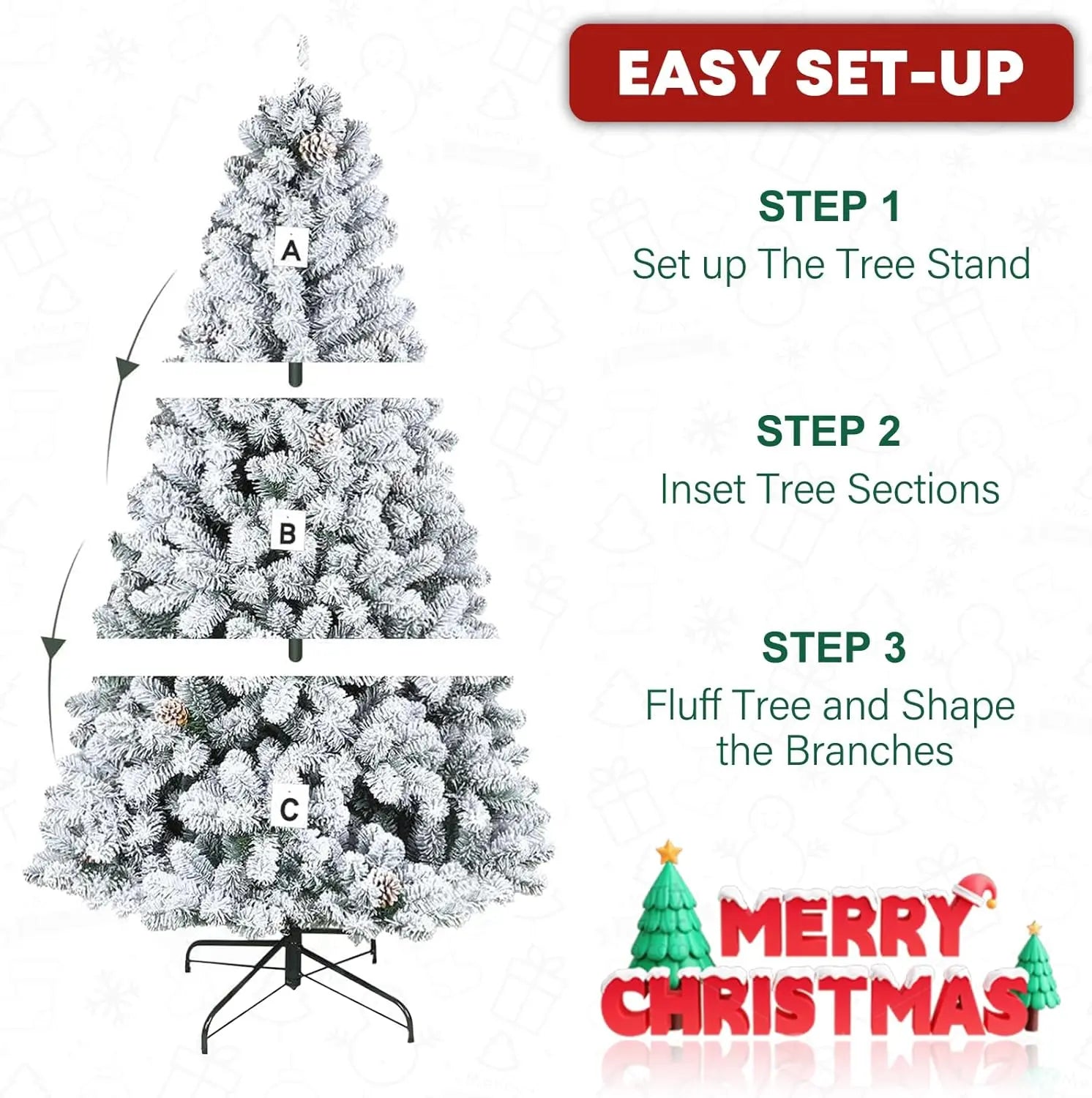6.5 ft Pre-Lit Snow Flocked Artificial Christmas Tree with Pine Cones & Metal Stand - Hinged Branches for Easy Setup - Perfect for Living Room, Office, or Holiday Decorations