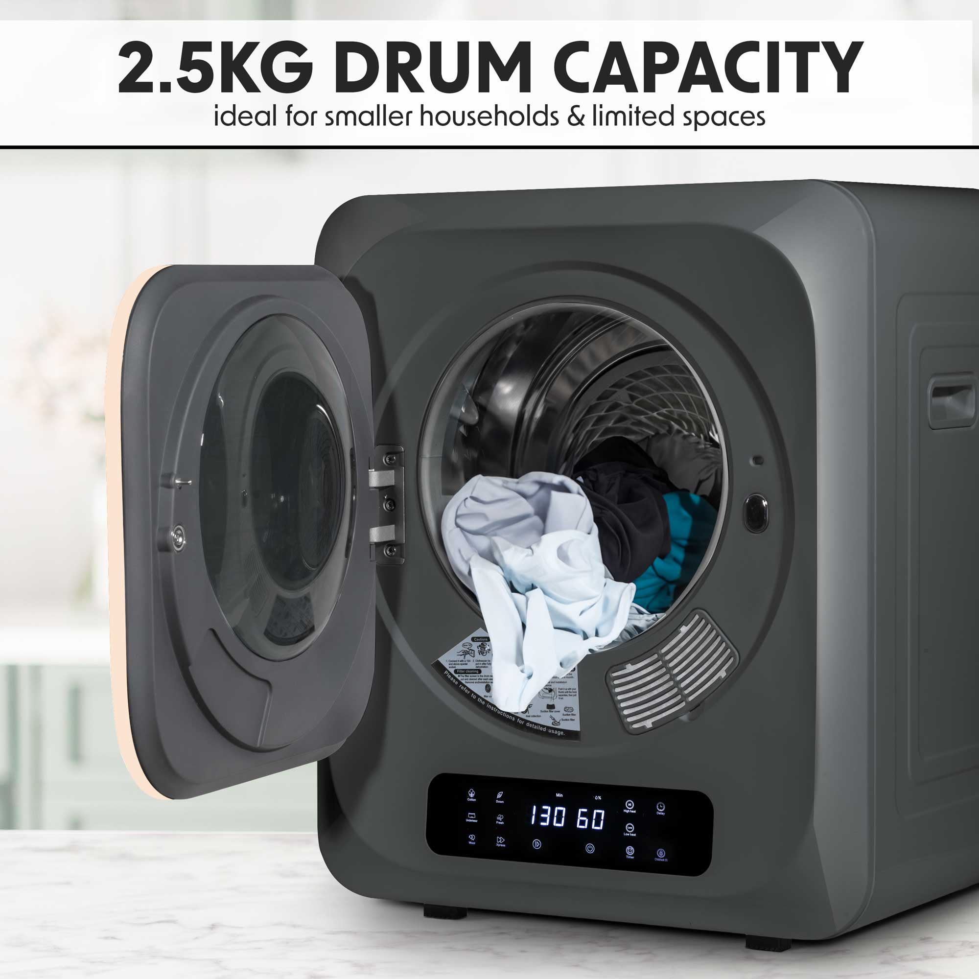 Baridi Mini Tabletop Tumble Dryer with Digital Controls - 2.5kg Capacity Compact Laundry Dryer for Small Spaces - Includes Wall Mounted Brackets (Model DH229) - Perfect for Apartments, Dorms, RVs & Tiny Homes