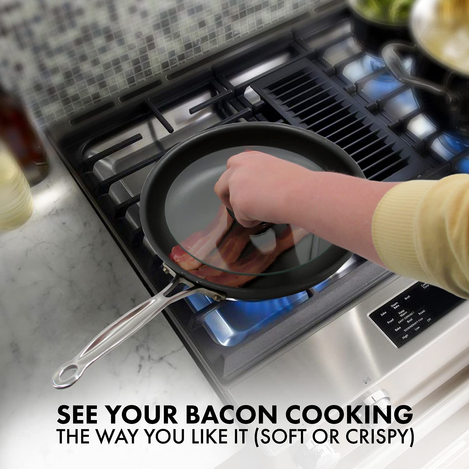 10 Inch Round Tempered Glass Bacon Press & Splatter Shield by Northwest Enterprises - Perfectly Cooked Flat Bacon Every Time for Breakfast, Burgers & Sandwiches