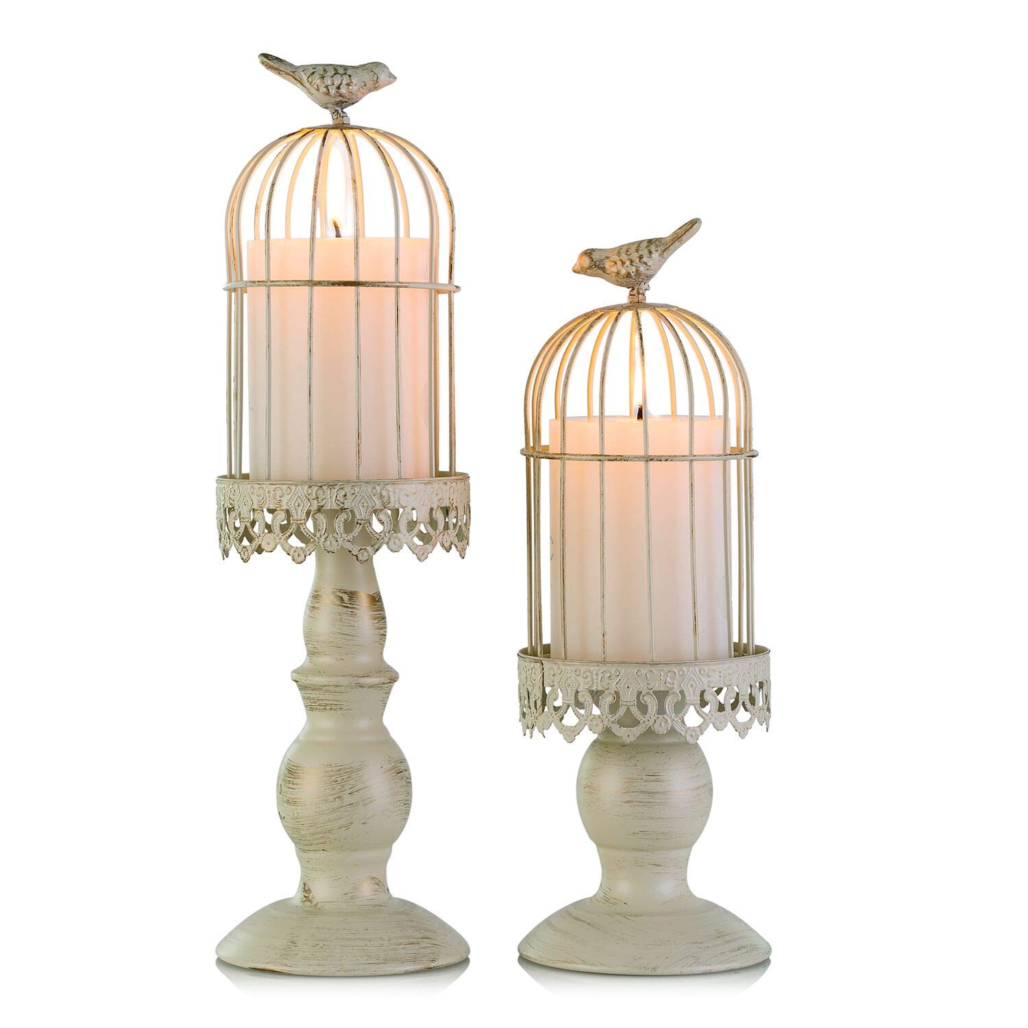Vintage Iron Birdcage Candle Holder Set - Distressed Ivory Wedding Candlestick Centerpiece for Table Decor, Rustic Home Decoration | Perfect for Weddings, Parties, and Farmhouse Style Interior Design