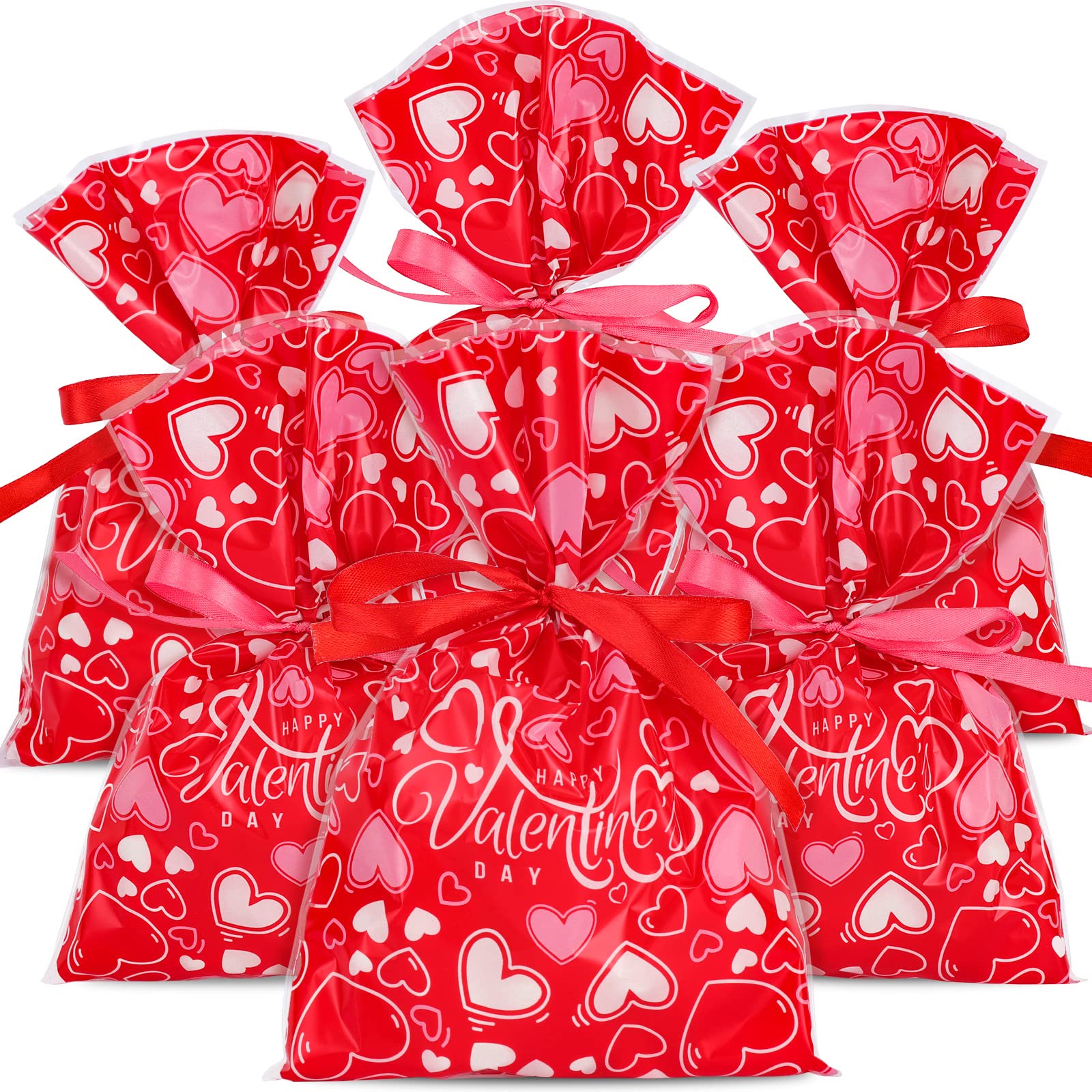 AnyDesign 100Pcs Valentine's Day Treat Bags - 6x9 Inch Red Heart Candy Cellophane Goodie Bags with Red & Pink Ribbon for Valentine's Party Favors, Gifts & Classroom Treats | Perfect for Candy, Cookies, Party Favors & Gift Wrapping