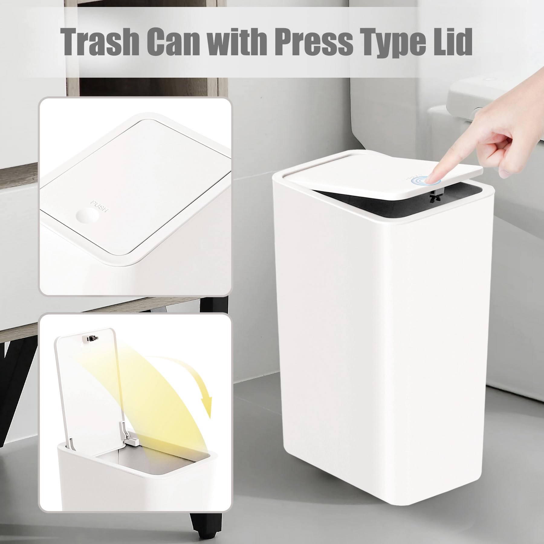 TIPGO 10L/2.6 Gallon Slim Bathroom Trash Can with Pop-Up Lid - Small Garbage Bin for Kitchen, Bedroom, Office & Living Room - Odor Control Waste Basket (White) | Perfect for Tight Spaces & Modern Home Decor