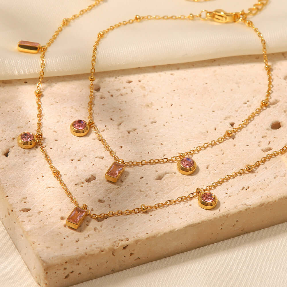 18K Gold Plated Baguette Charm Necklace & Pink Bracelet Set - Elegant Jewelry Gift for Women | Perfect for Valentine's Day, Anniversary & Special Occasions | JDN434