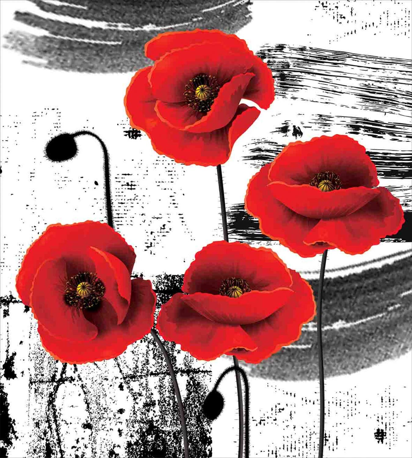 Ambesonne Poppy Flower Duvet Cover Set - 3 Piece California King Bedding with 2 Pillow Shams, Blossom Composition & Grunge Brush Design in Vermilion Grey - Perfect for Bohemian & Farmhouse Bedroom Decor