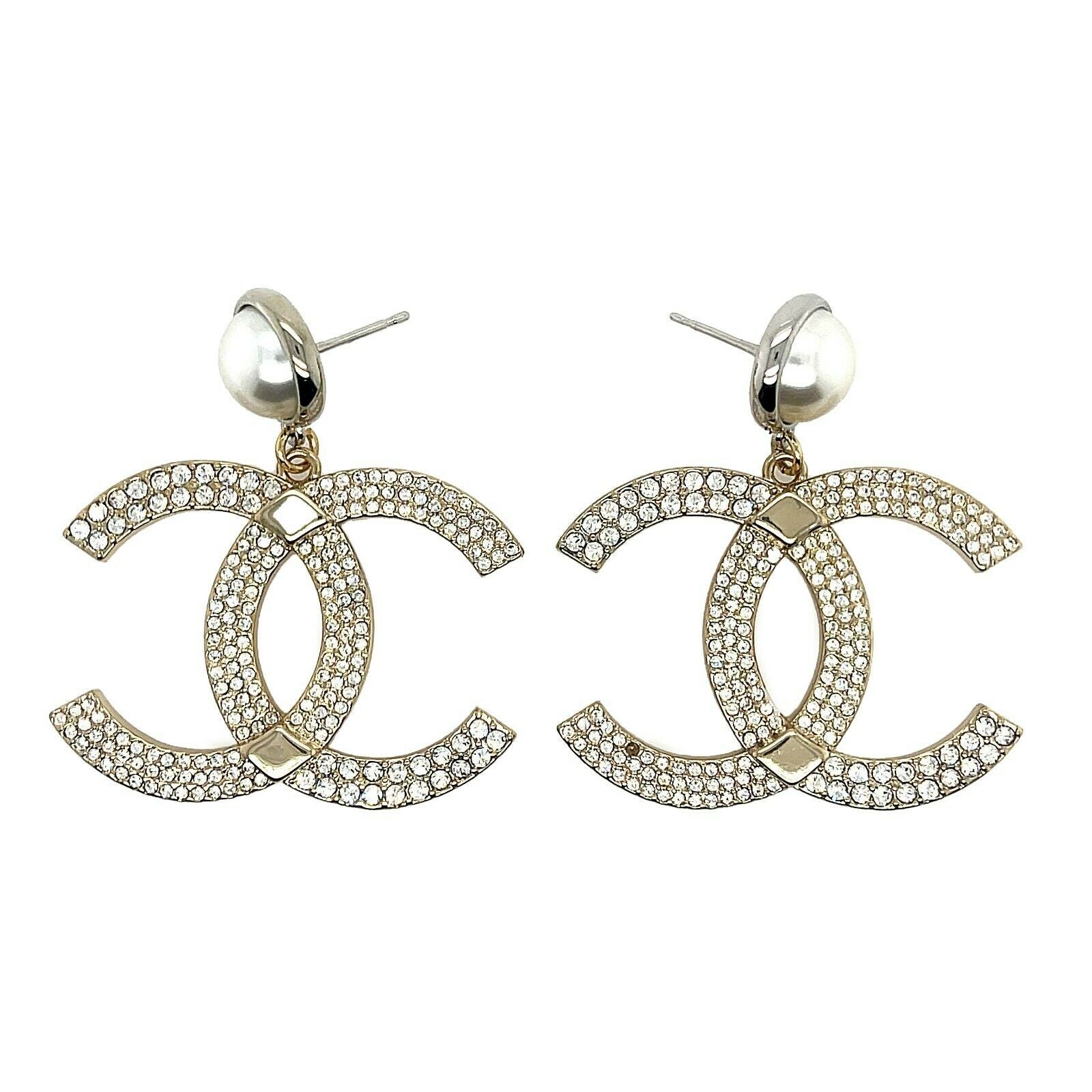 CHANEL P21 C CC Logo Faux Pearl Drop Strass Crystal Gold Silver Earrings for Women - Luxury Fashion Jewelry Gift for Party, Wedding & Special Occasions