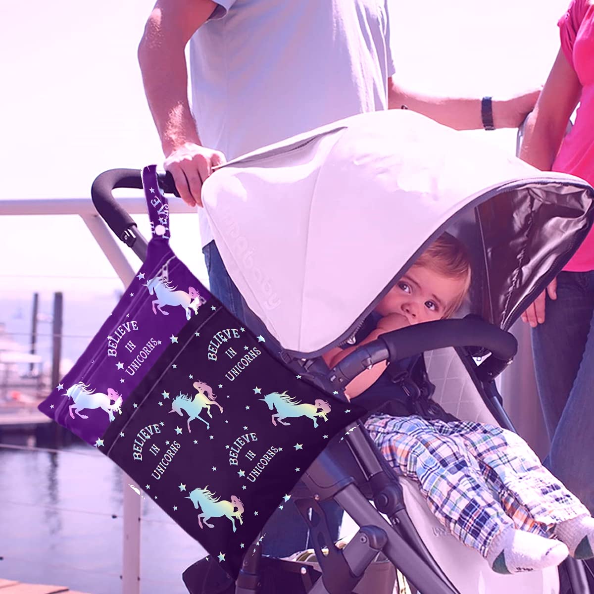 Believe in Unicorn 2-Pack Waterproof Wet Bags with Zipper Pockets | Reusable Washable Diaper & Swim Bag for Travel, Beach, Gym, Daycare | Perfect for Strollers, Dirty Clothes, Wet Swimsuits & Toiletries Organization