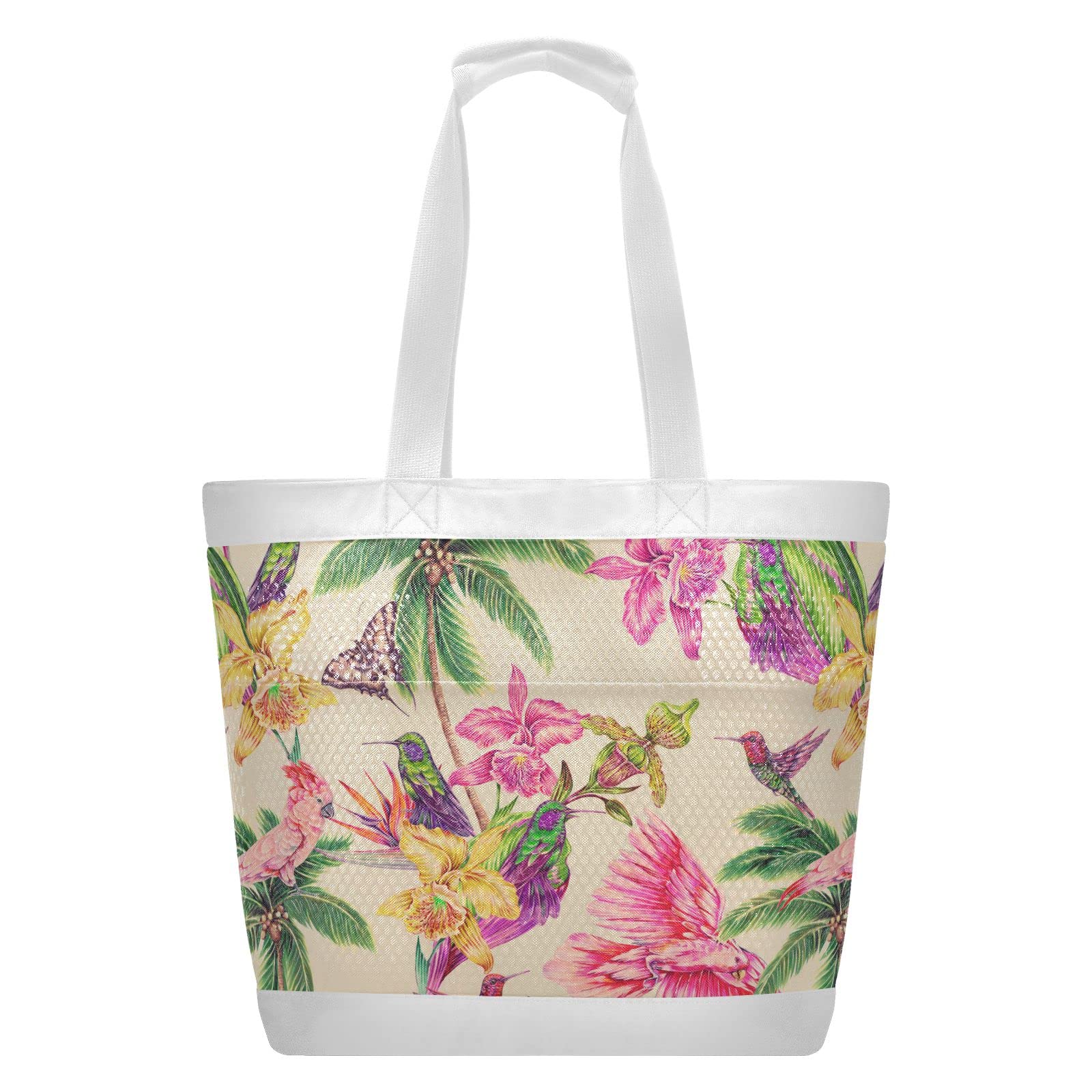 J JOYSAY Tropical Leaves Parrot Hummingbirds Mesh Beach Tote Bag - Large Waterproof Sandproof Gym & Beach Bag for Women - Perfect for Pool Parties, Vacation Travel & Summer Outings