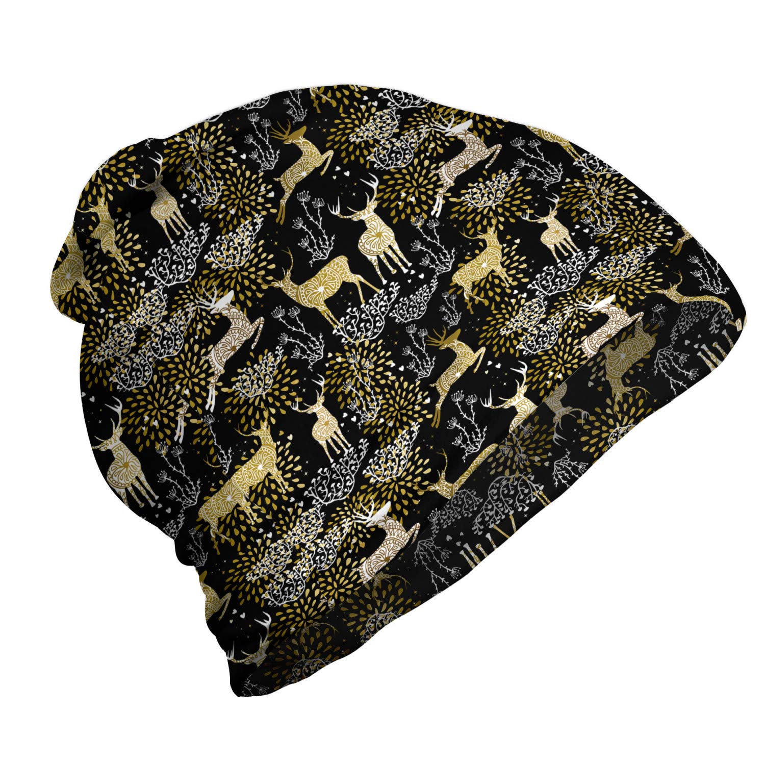 Ambesonne Unisex Beanie - Oriental Deer Print Winter Hat for Men & Women | Warm Knit Beanie for Hiking, Skiing, Outdoor Activities & Cold Weather Fashion
