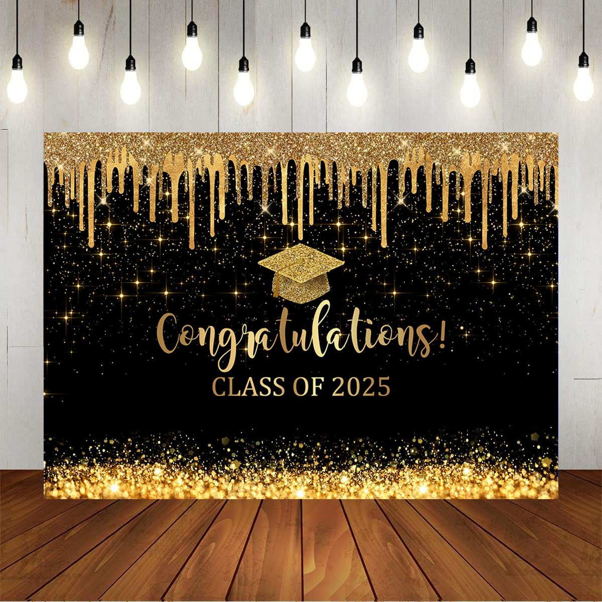 2025 Black & Gold Graduation Backdrop 7x5ft - Class of 2025 Congrats Grad Banner & Photo Background - Perfect for Graduation Parties, School Events & Photo Booths
