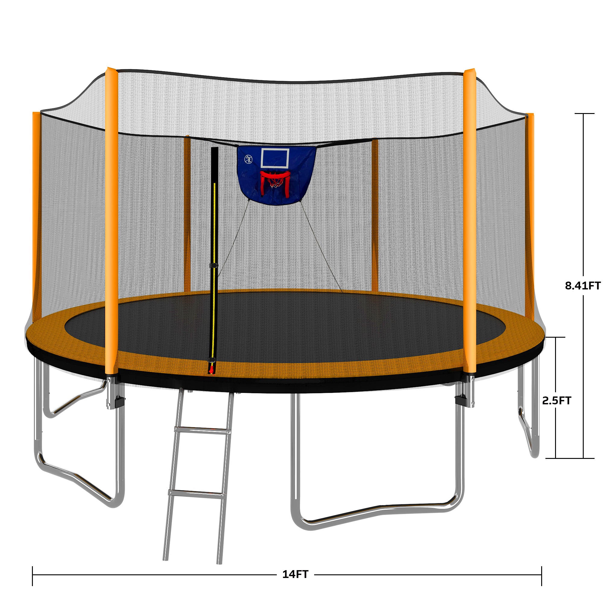 14FT Heavy-Duty Powder Coated Trampoline with Basketball Hoop, Air Pump & Safety Ladder - Outdoor Enclosure for Backyard Fun - Perfect for Kids & Family Exercise, Birthday Parties & Outdoor Activities (Orange)