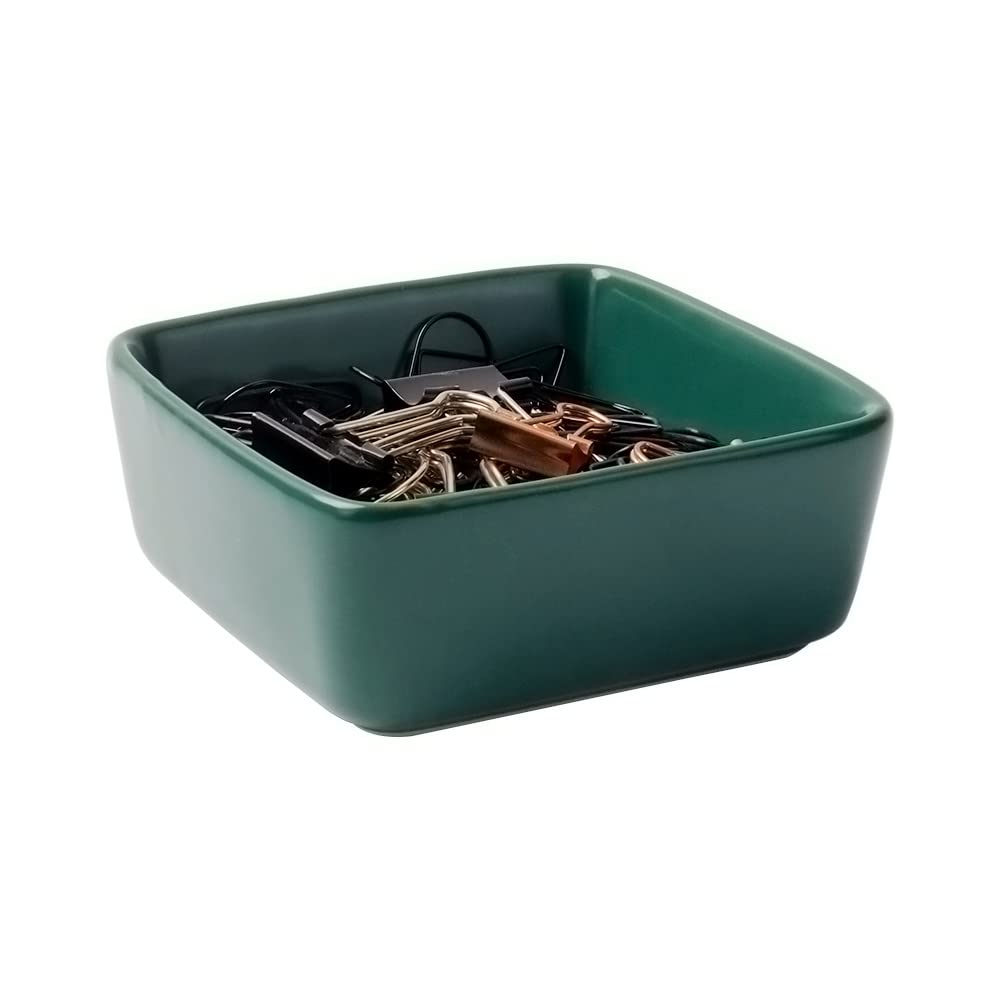 MEI YI TAN Square Ceramic Paper Clip Holder - Dark Green Office Desk Organizer for Paperclips & Binder Clips | Cute Desktop Accessories Dispenser for Home & Office Organization