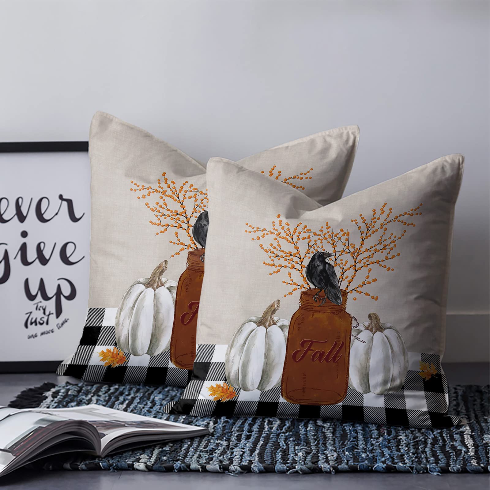 Thanksgiving Throw Pillow Covers 20x20 Inch - Decorative Cushion Covers for Couch, Bed, Sofa & Chair - Pumpkin, Raven, Orange Berries with Lattice Design - Perfect for Fall Home Decor, Thanksgiving Party & Cozy Living Room Accents