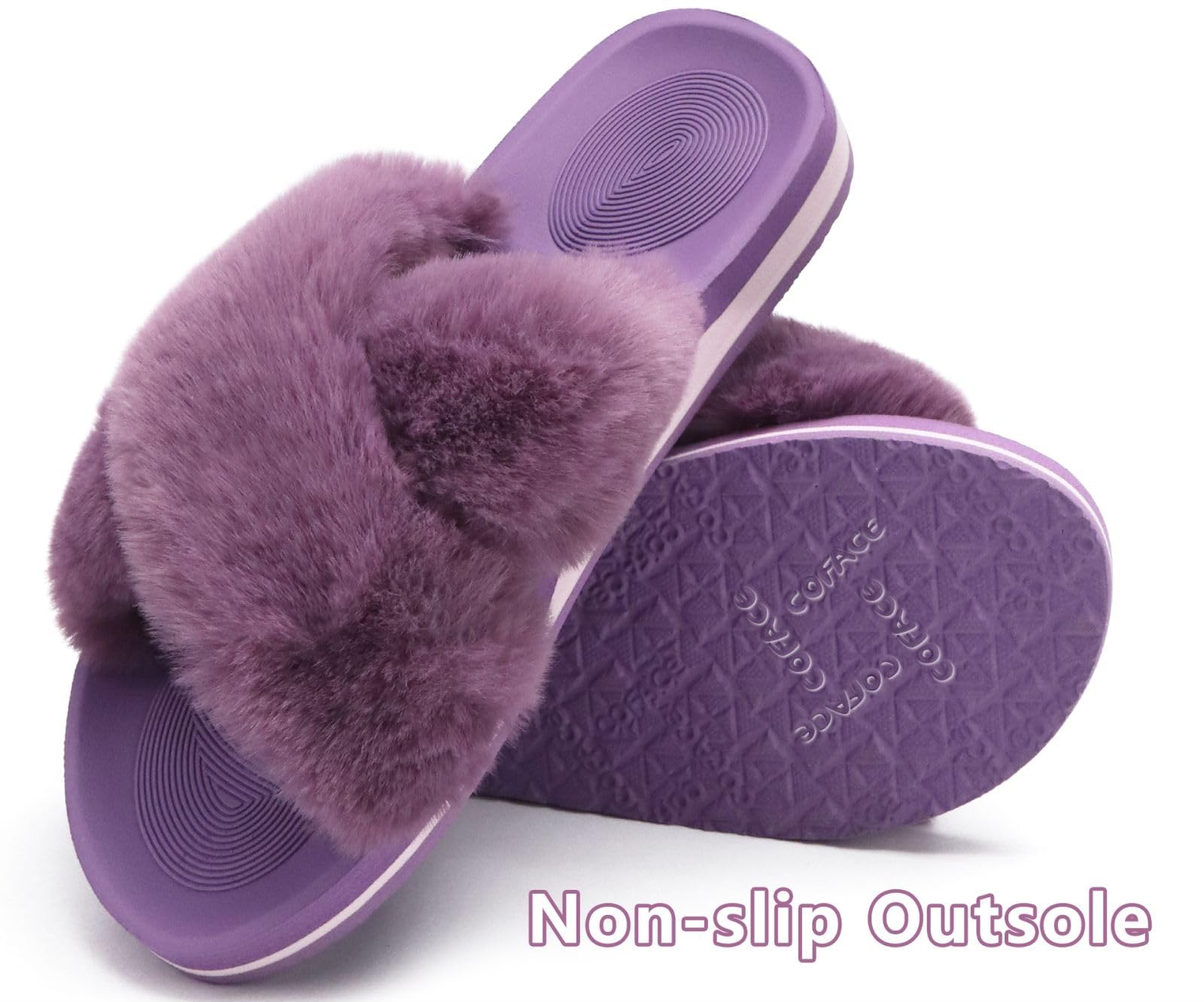 COFACE Women's Fuzzy Slides - Fluffy Faux Fur House Slippers with Arch Support, Open Toe Indoor/Outdoor Sandals for Yoga, Lounge & Comfort Wear - Perfect for Home, Spa Days and Relaxation