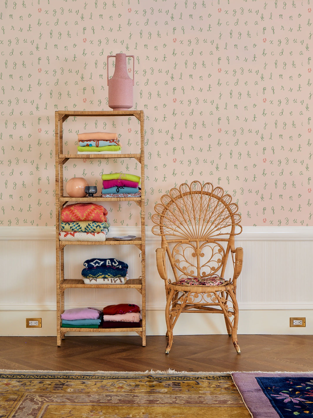 LF Alphabet Wallpaper - Peach with Persimmon Accent Letters | Lingua Franca Decorative Wallpaper for Nursery, Kids Room & Home Decor