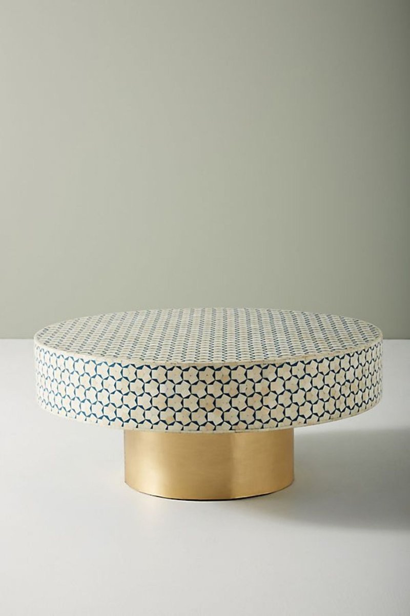 Handmade Moroccan Bone Inlay Coffee Table - Blue & White Geometric Design Center Table for Living Room, Lounge & Home Decor
