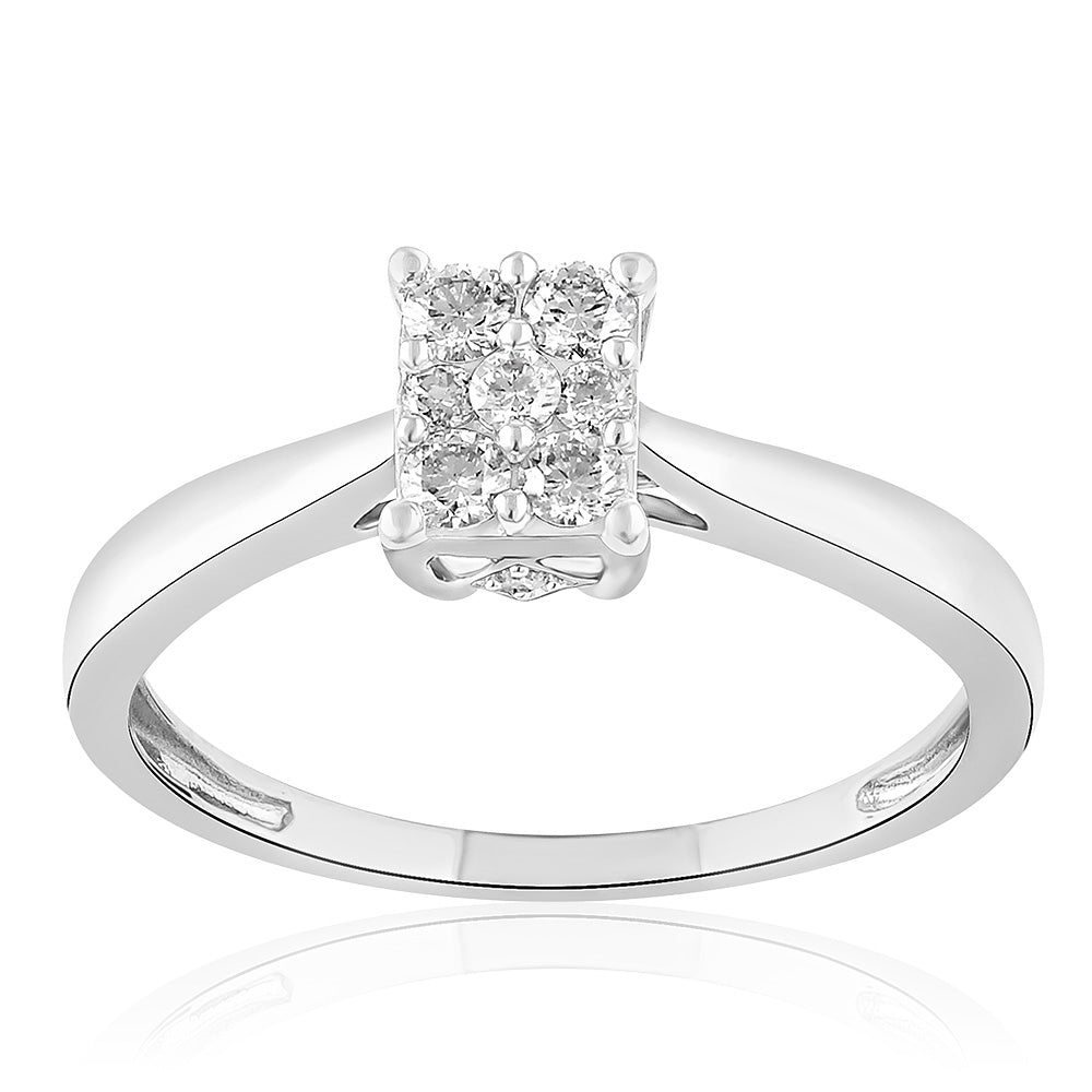 9ct White Gold 1/4 Carat Diamond Dress Ring with 9 Brilliant Cut Diamonds - Elegant Wedding, Engagement & Evening Party Jewelry for Women