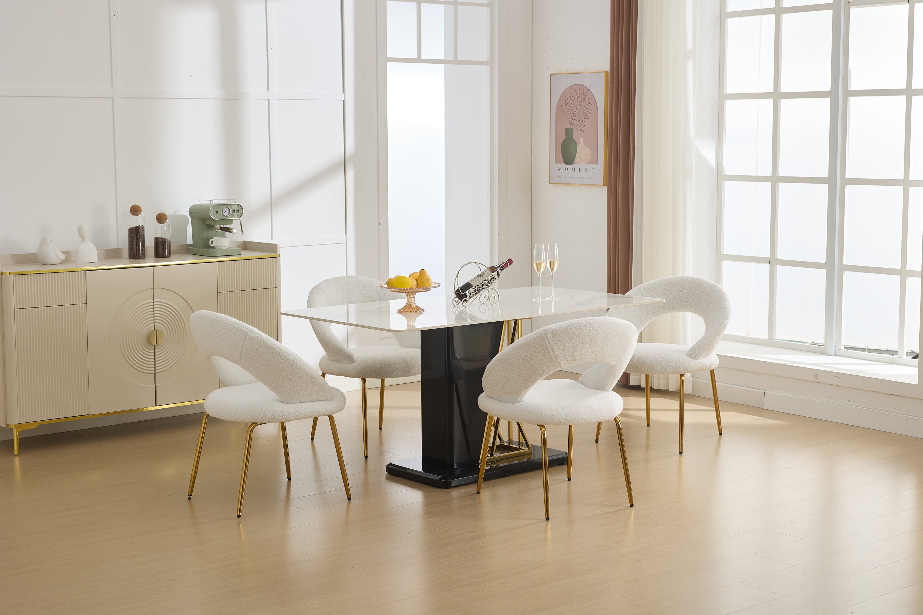 061 Set of 1 White Teddy Fabric Dining Chairs with Curved Backrest and Golden Metal Legs - Elegant Kitchen & Dining Room Seating for Home, Restaurant, or Cafe Use