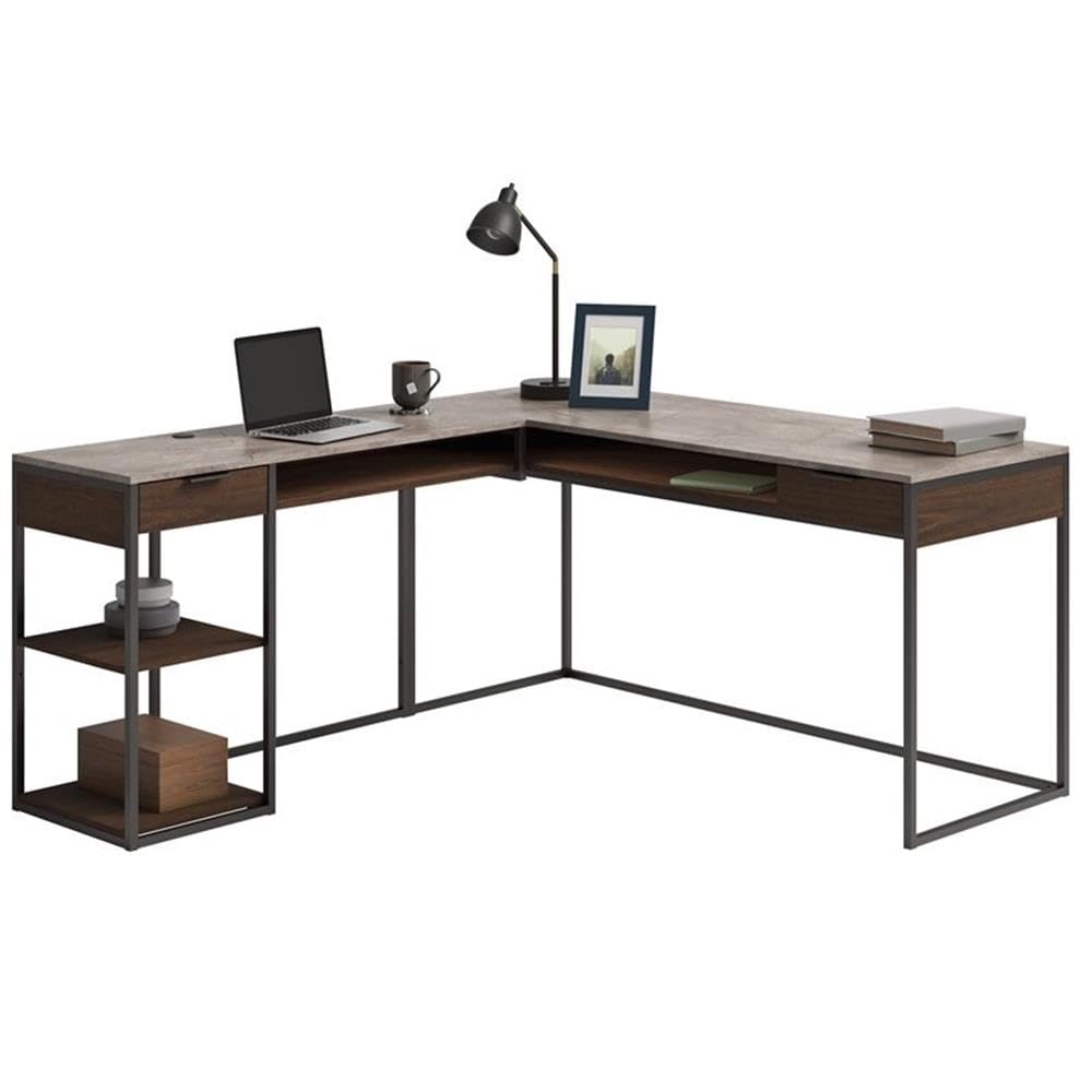 Pemberly Row Modern L-Shaped Computer Desk - Engineered Wood Home Office Furniture in Deco Stone Gray for Small Spaces & Workstations