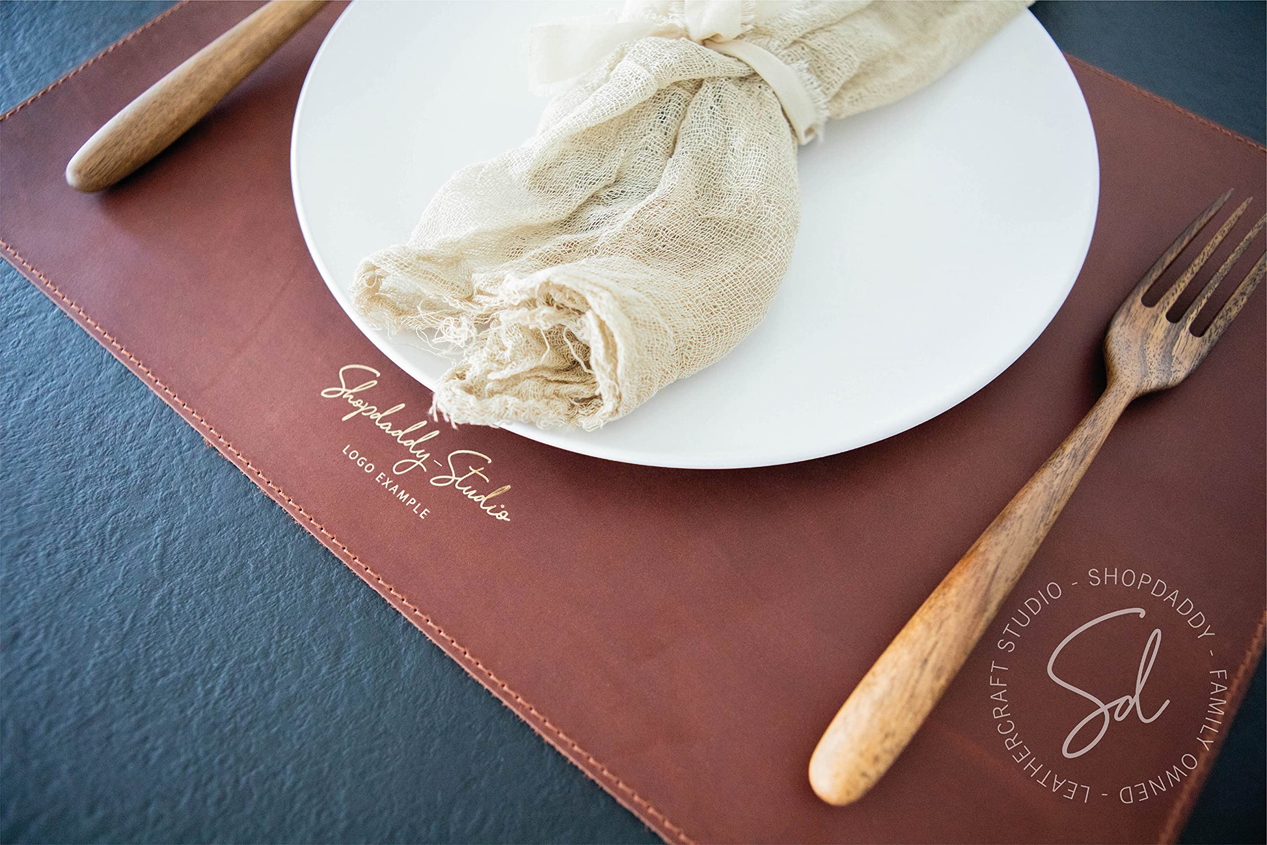 Brown Leather Placemats with Stitching - Heat Resistant Table Mats Set for Dining, Rustic Farmhouse Decor, Washable & Durable Plate Mats for Everyday Use, Dinner Parties & Holiday Tablescapes